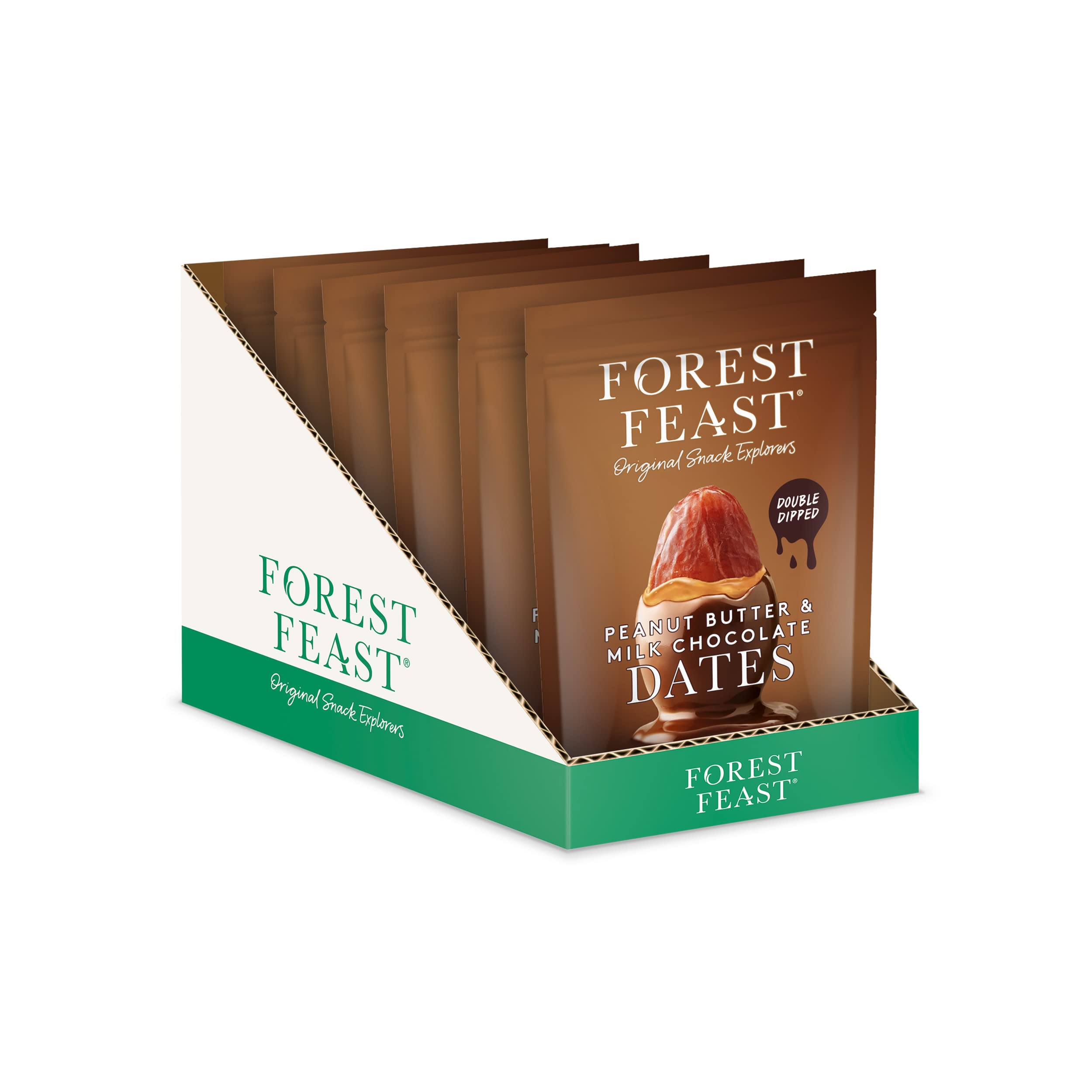 FOREST FEAST Daktyle z masła orzechowego i czekolady mlecznej 6 x 140 g | Podwójne daktyle nour w belgijskiej czekoladzie mlecznej, daktyle z masłem orzechowym, czekoladą owocową z czekoladą