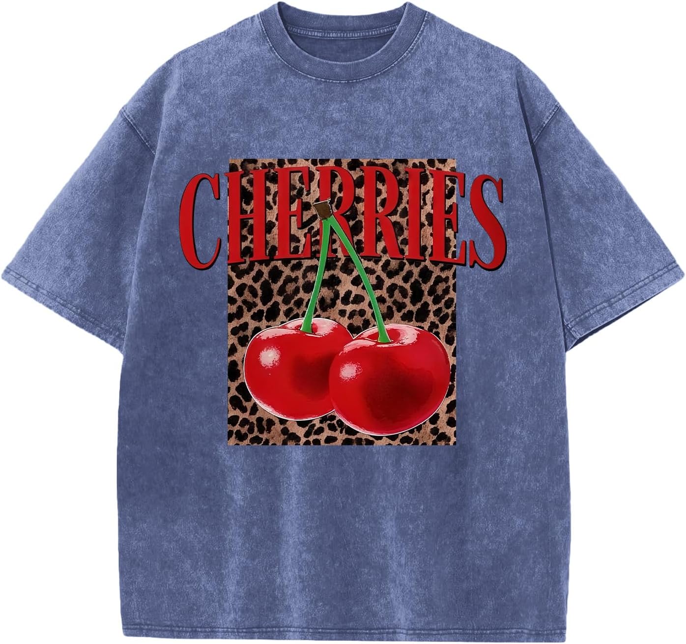 Oversized Cherry Graphic Tees for Women Vintage Leopard Cherry Fruit Shirt Acid Wash Crewneck Streetwear T Shirts Top