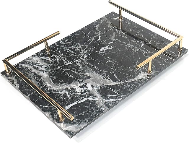 PuTwo Decorative Tray, MDF Tray with Marble Print, Handmade Vanity Tray, Perfume Tray, Jewelry Tray with Gold Metal Handle, Trinket Tray, Catchall Tray for Dresser Bathroom Vanity Table - Black