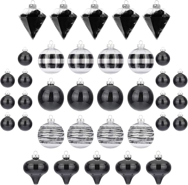 ITART Black Christmas Baubles 36pcs Shatterproof Christmas Tree Decorations 100mm 80mm and 50mm Christmas Tree Ornaments Set