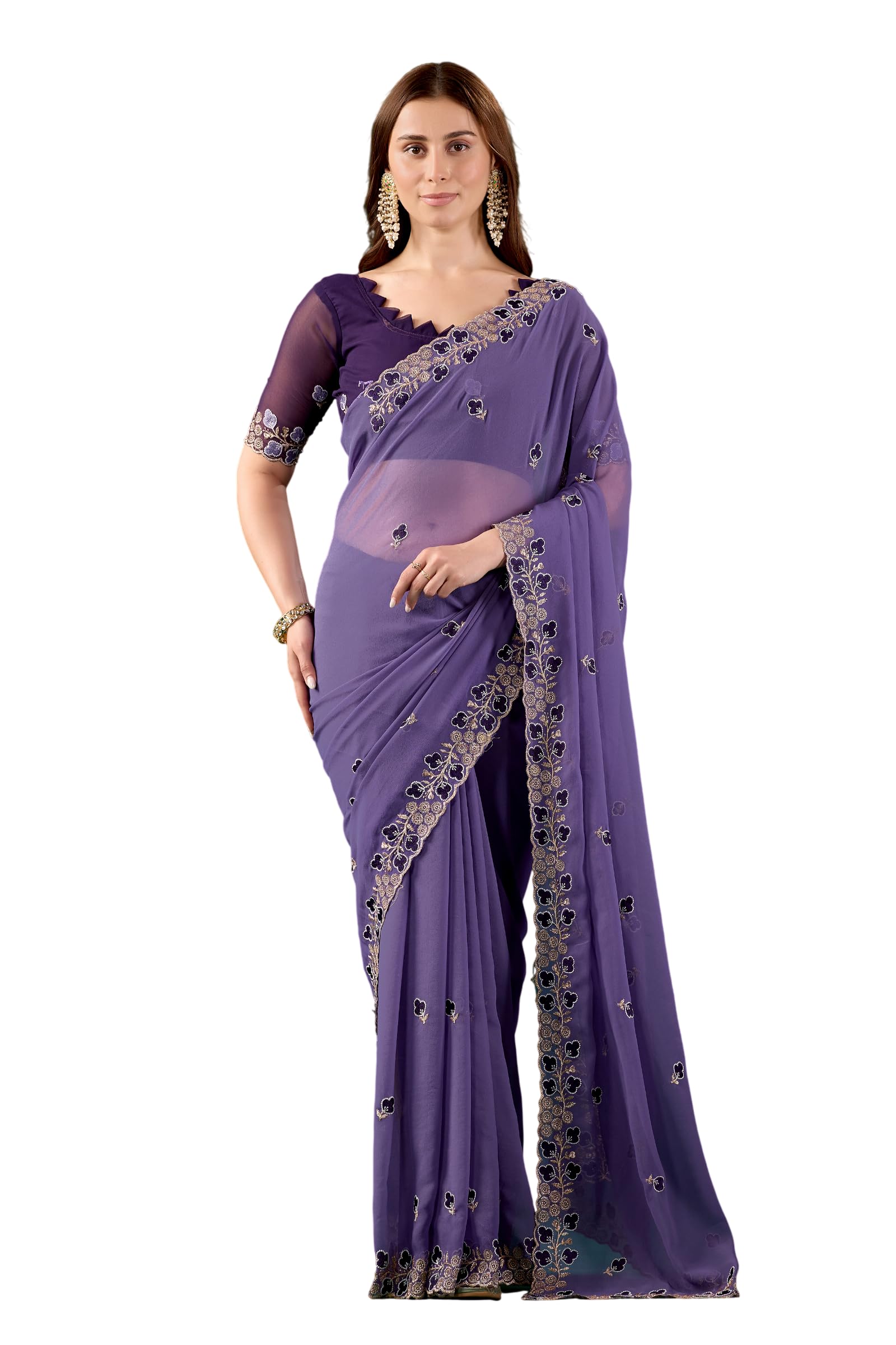 New Elegant Georgette Floral Embroidery Saree With Matching Blouse Piece-picture-16