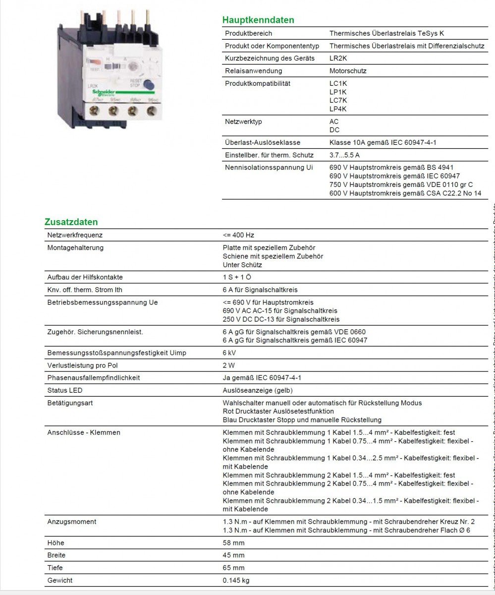 Schneider Electric LR2K0312 Tesys K, Relés Térmicos Diferenciales, 3,7.5,5 A, Clase 10A