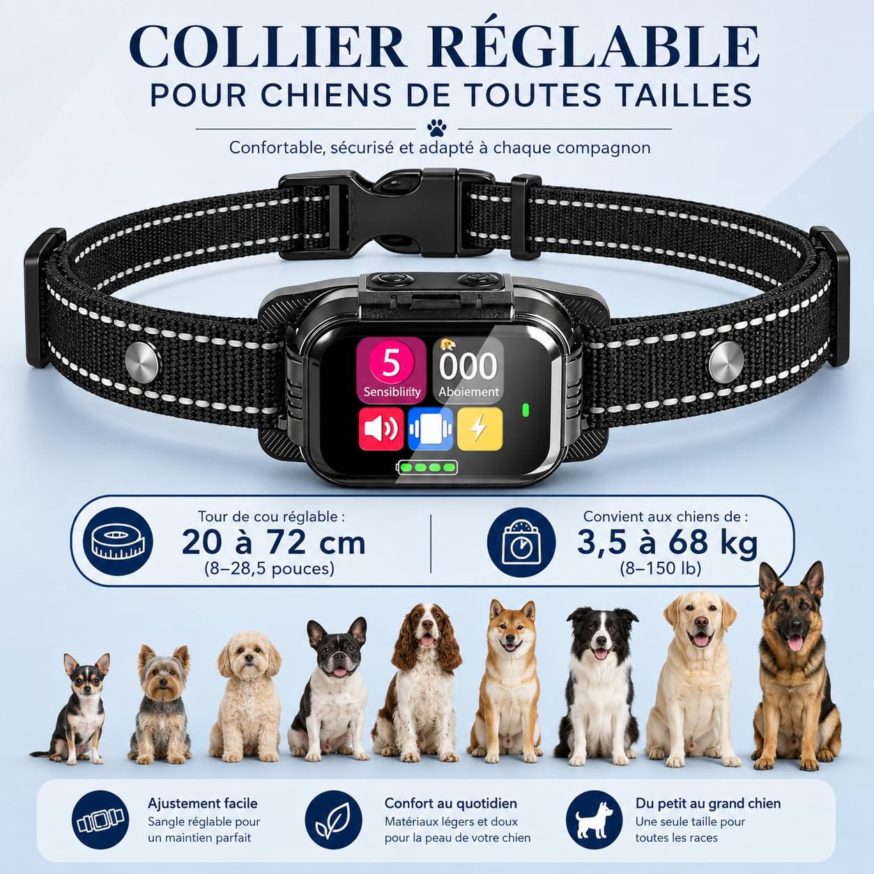 Collier Anti-Aboiement 2026, éTanche Rechargeable, 3 Modes Bip/Vibration/Choc éLectrique, Collier Chien EntièRement Automatique à IA, 5 Niveaux De RéGlage, Convient à Toutes Les Races De Chiens (Noir)