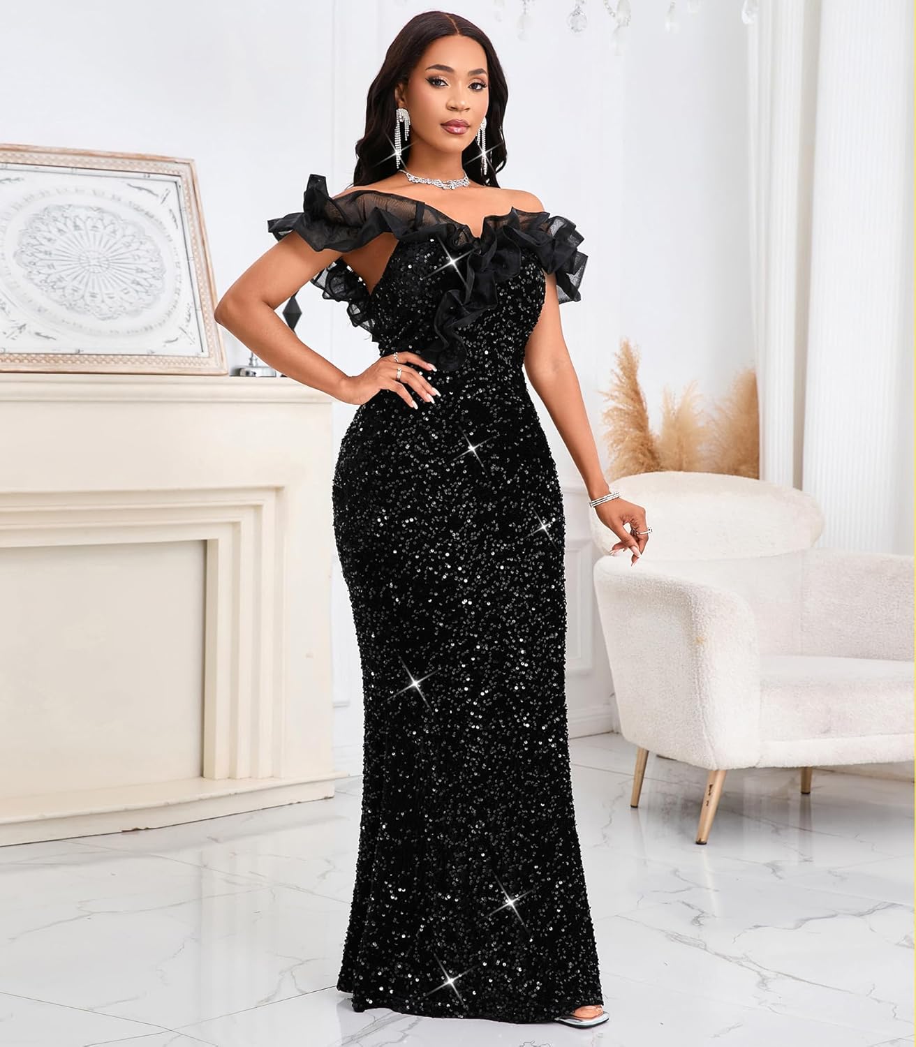 Cololura Women Off Shoulder Ruffles Sparkly Sequin Mermaid Bodycon Evening Party Gown Maxi Dress - Image 3