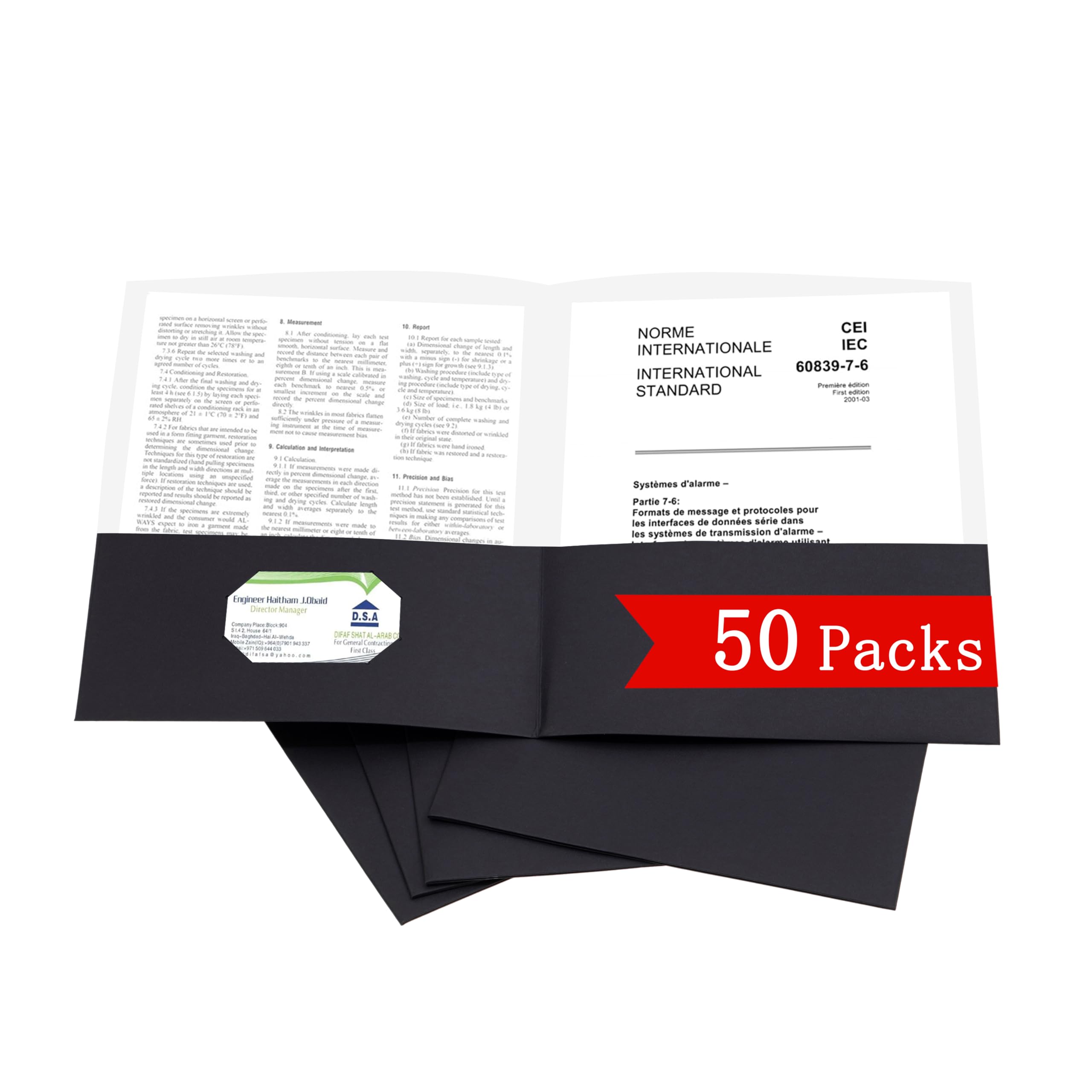 Zzrywuty 50 Packs Two Pocket File Folders with Business Card Slot,Textured Paper,Letter Size,Holds 100 Sheets for School,Office,Business,Black