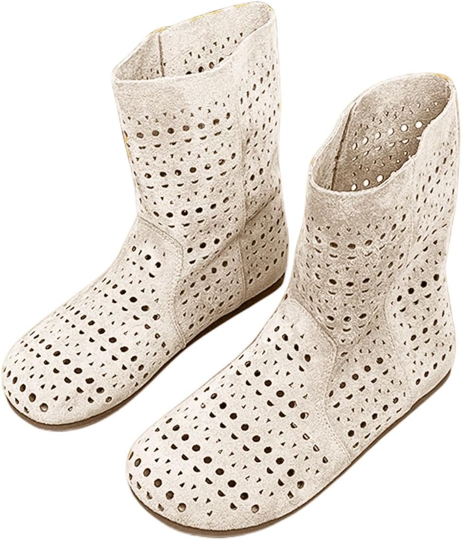 Hollow Out Slouchy Suede Boots for Women Round Toe Solid Color Mid Calf Soft Flat Ankle Boots