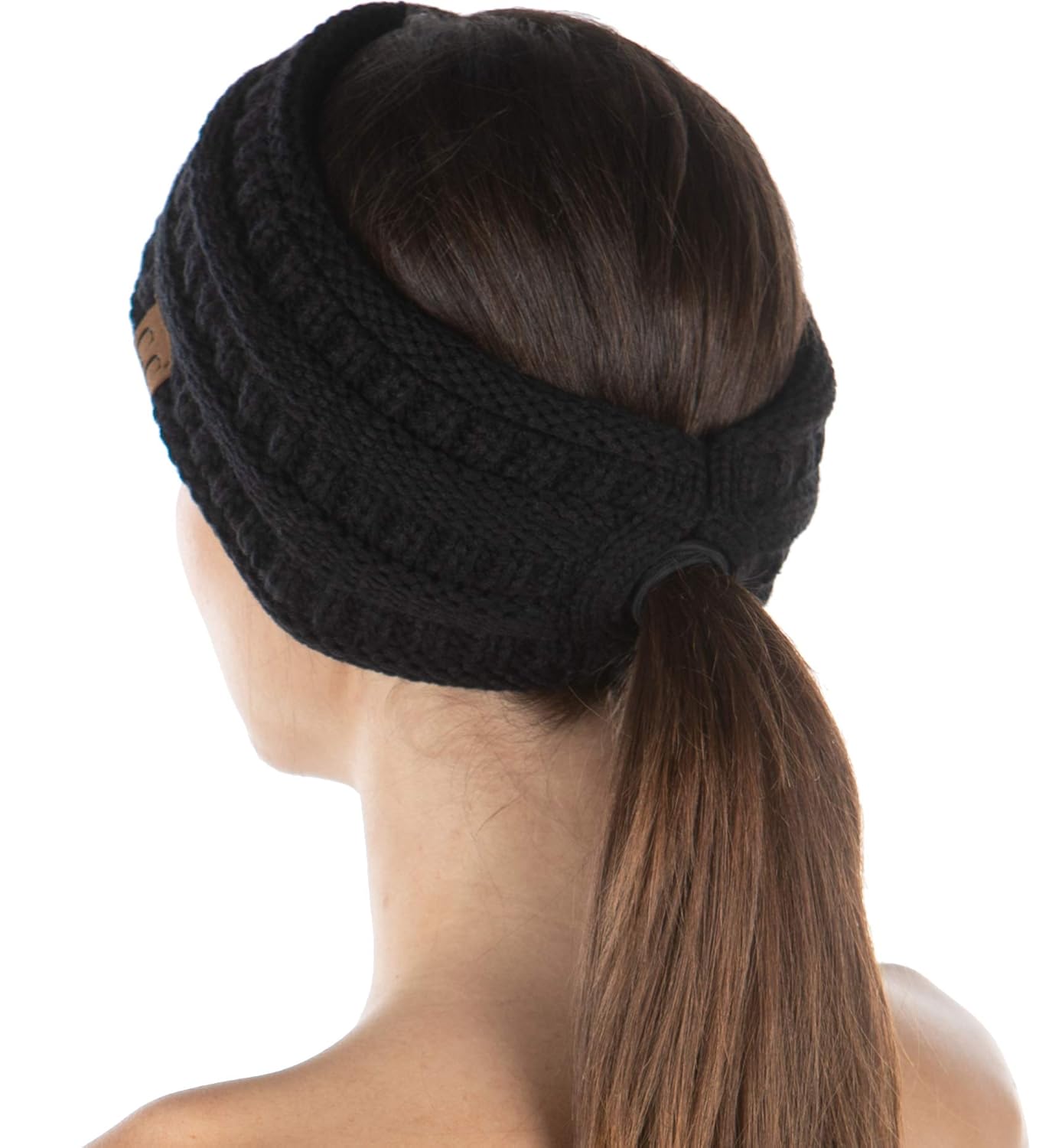 Funky Junque Women’s Ponytail Headband – Soft Knit Winter Ear Warmer for Women, Cable Knit Fleece Lined Head Wrap for Cold Weather - Black - Image 7