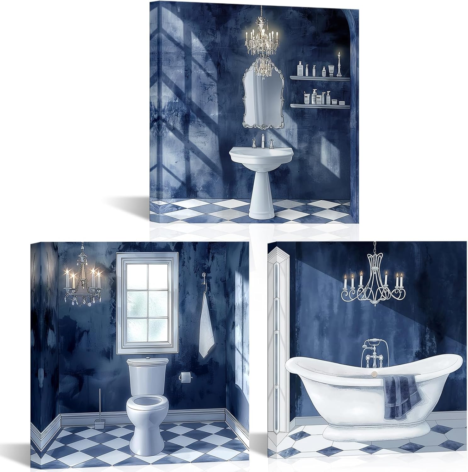LyerArtork 3 Pieces Bathroom Canvas Wall Art Vintage Navy Blue Bathtub Toilet Sink Picture Poster Painting Prints Bathroom Decor Modern Artwork for Home Hotel Decor 12"x12"x3pcs