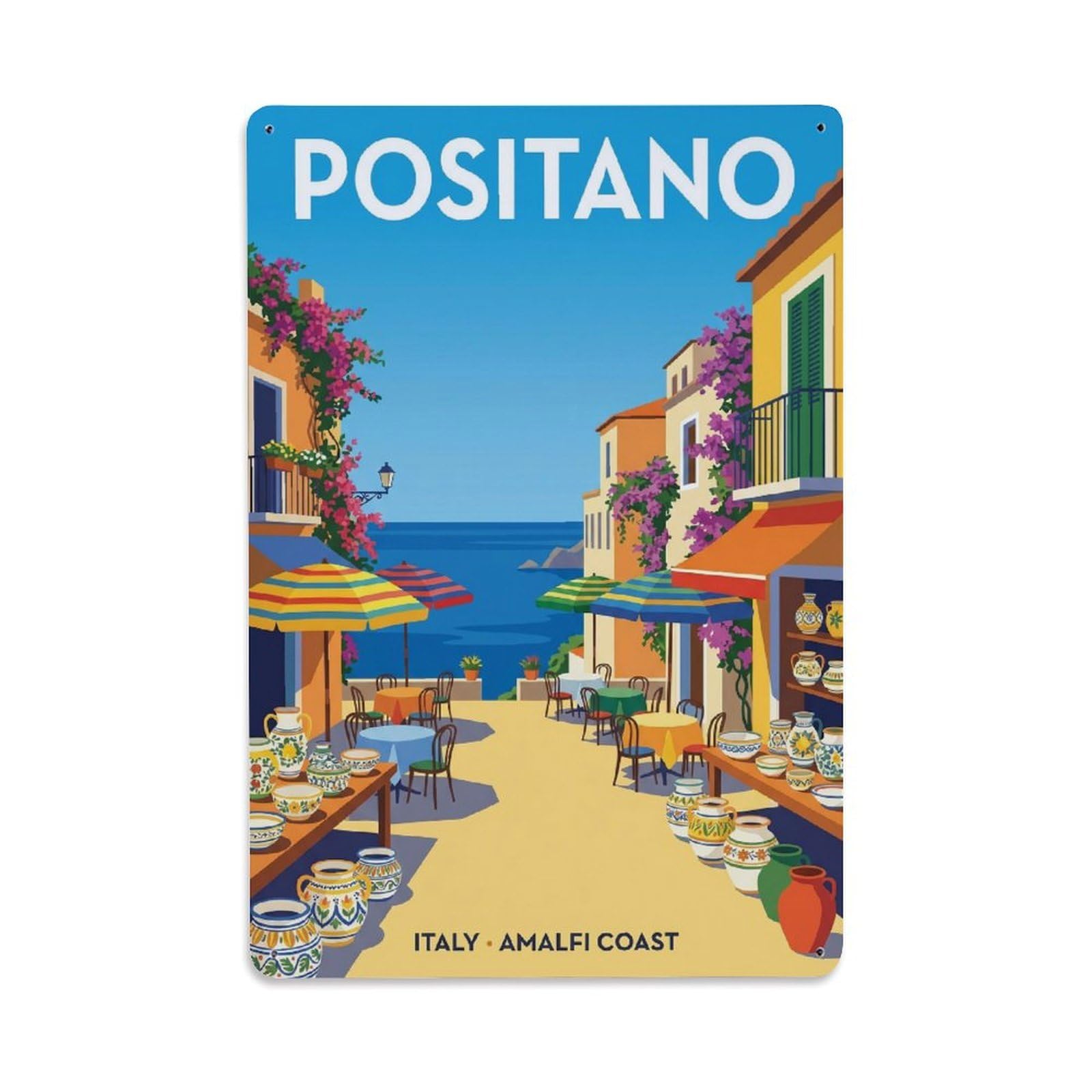 Vintage Travel Positano Italy Midday Metal Tin Sign Plaque Wall Decor for Cafe, Club Bar, Office, Garden Metal Poster 8x12Inch