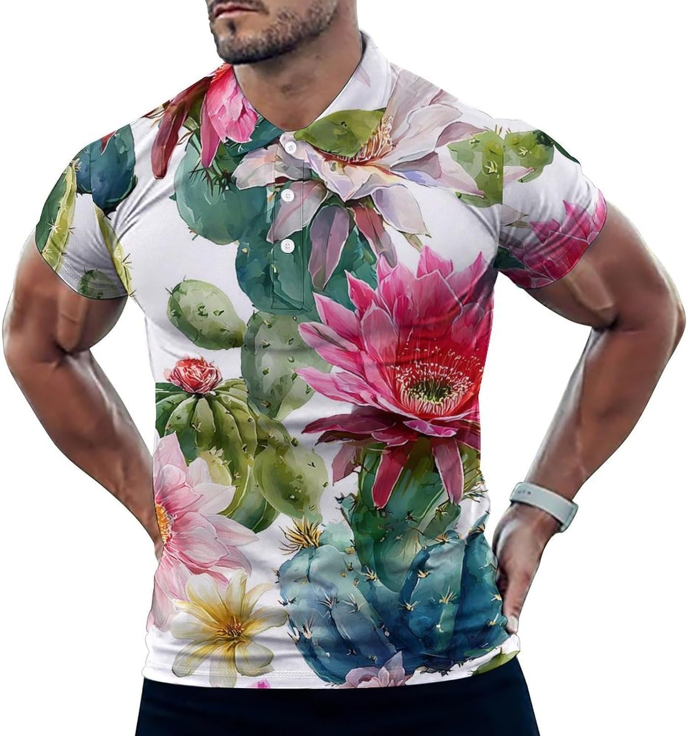 Cactus and Flowers Men's Polo Golf Shirts Collared T-Shirt | short sleeve,three button,quick dry,machine washable,summer tee top