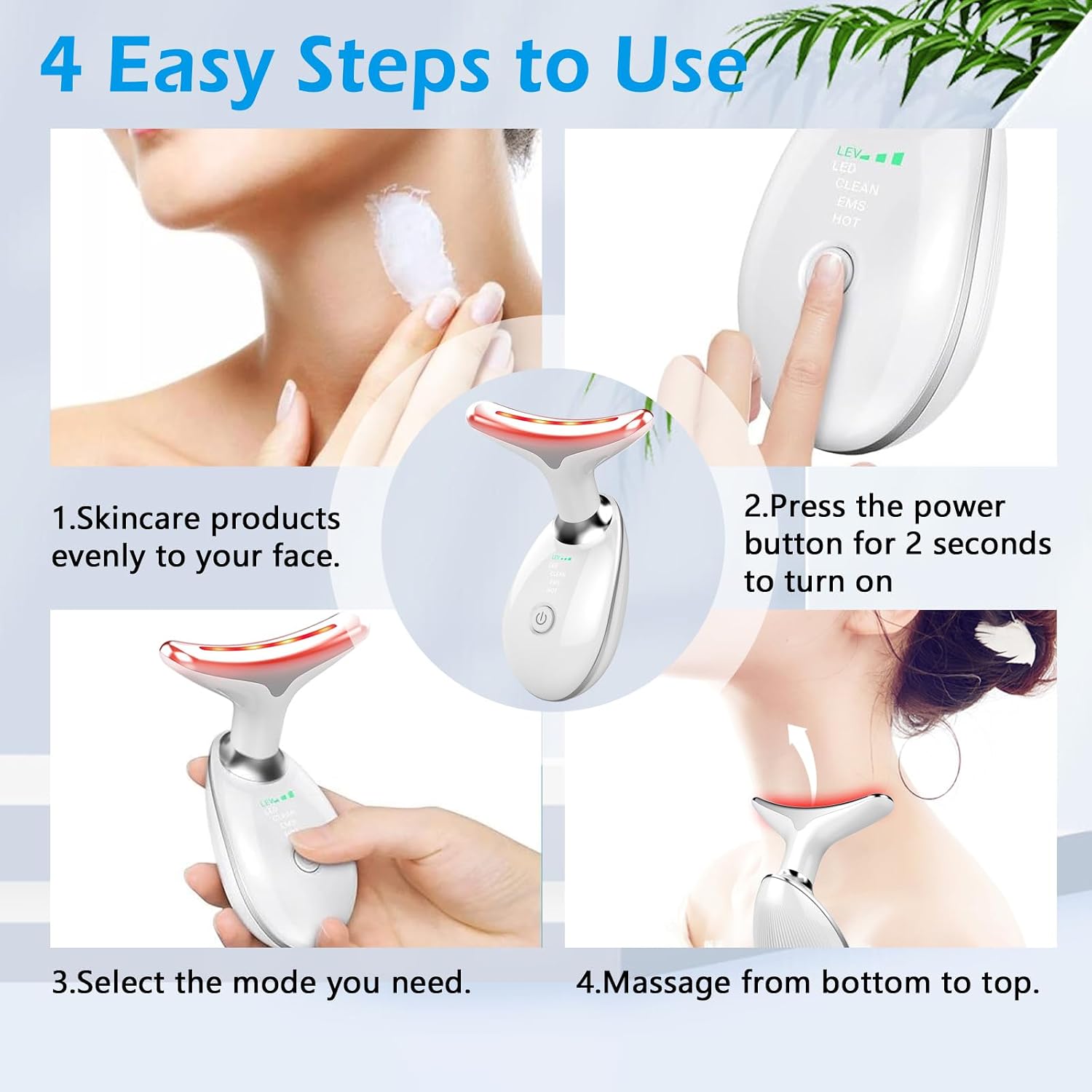Image showing various application areas for the DAKDAP massager, including chin, neck, forehead, and cheek, with before and after examples for neck skin.
