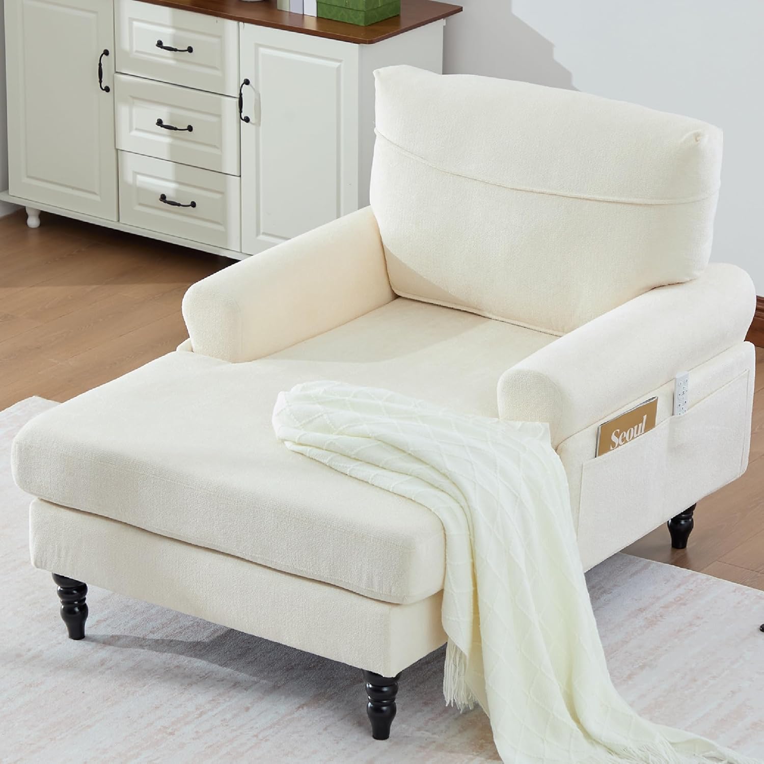 KEIKI Chaise Lounge Chair Indoor, Oversized Accent Chenille Armchair with Storage, Leisure Sleeper Single Sofa Side Chair, Corner Recliner Arm Chairs for Living Room Reading, Easy Assembly, Beige