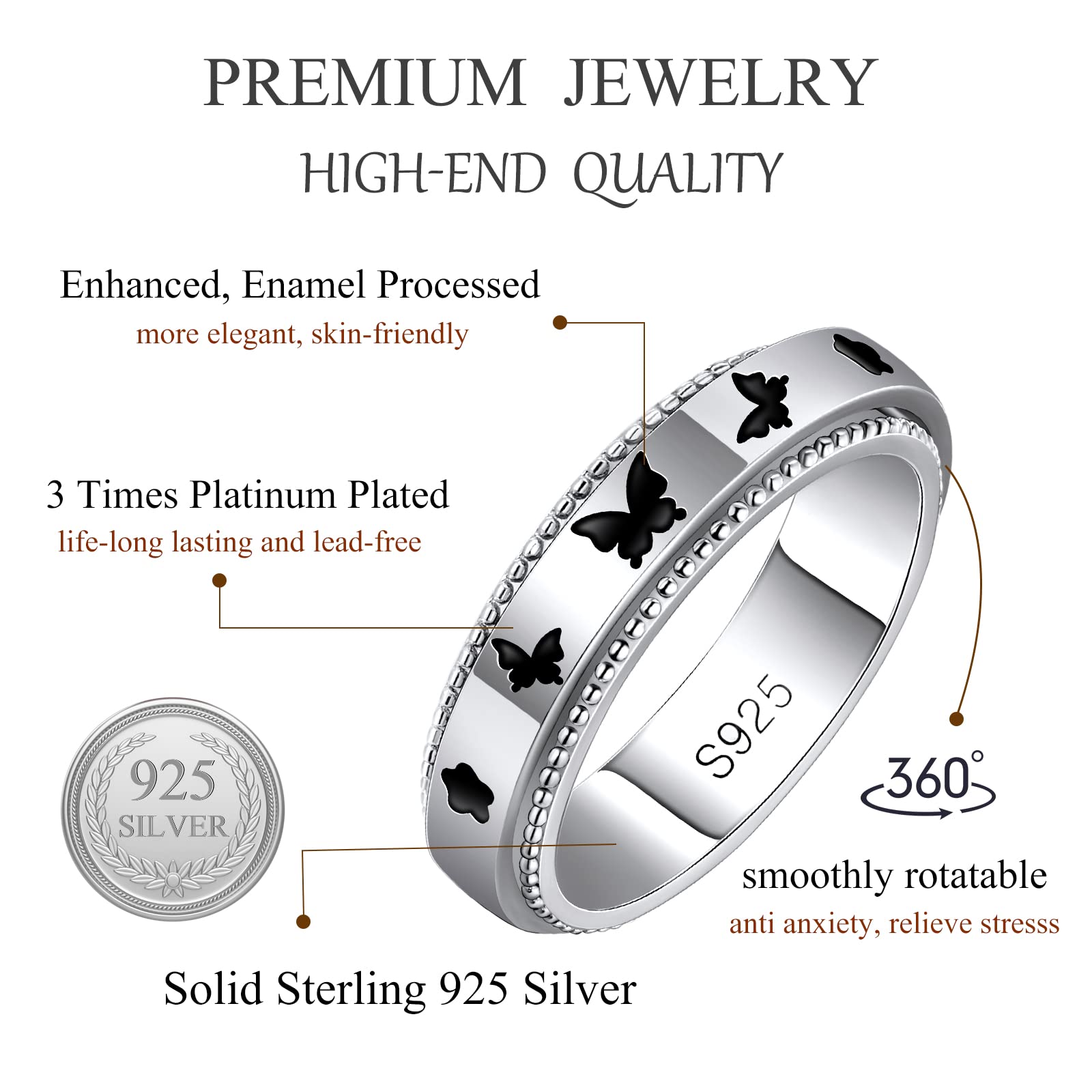 Anillo giratorio de plata de ley para aliviar la ansiedad, plata S925, sin níquel, talla 7 u 8, unisex, sin piedras preciosas