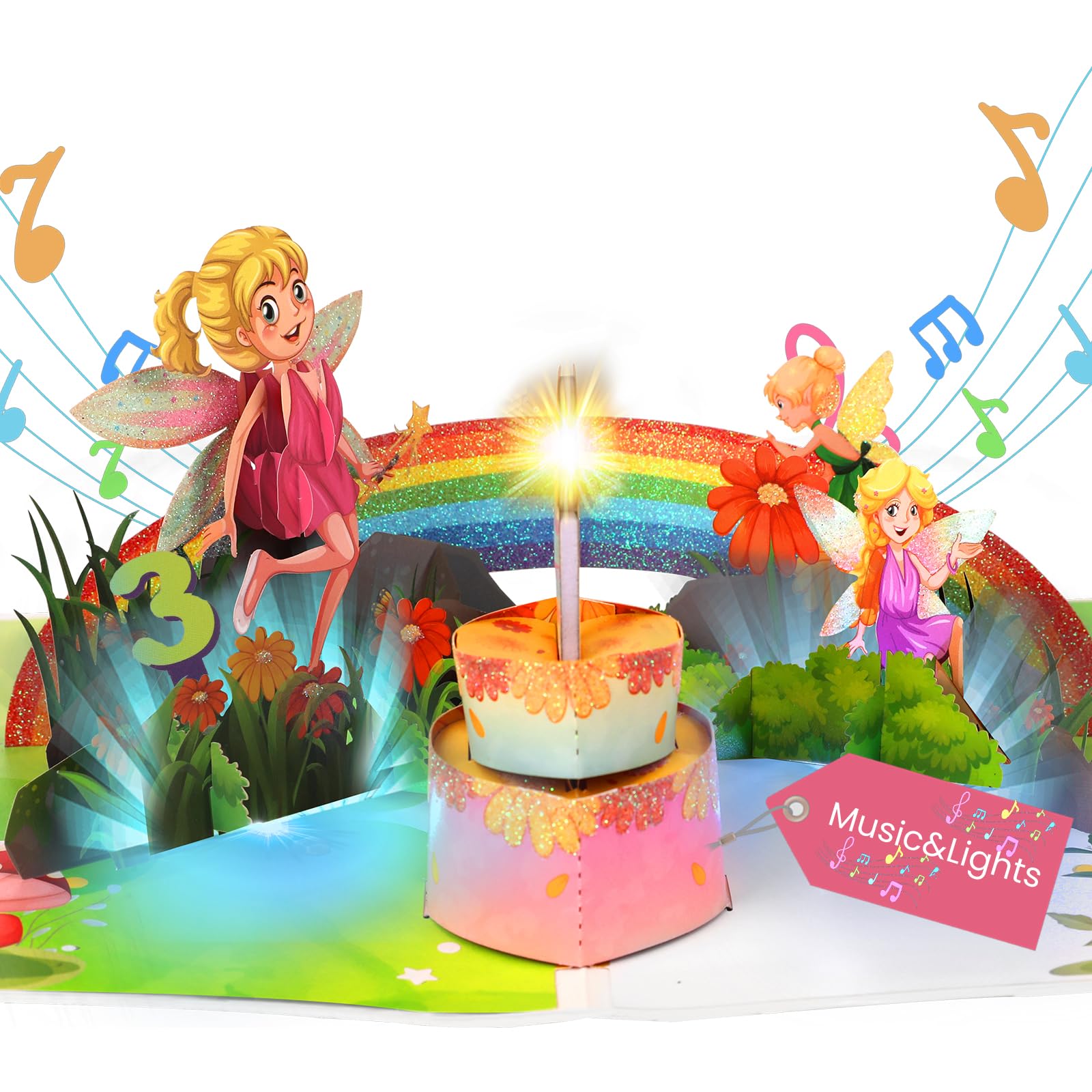 Ecloverlife 3rd Birthday Card for Girl, 3D Pop Up Cards for Daughter, Granddaughter, Niece - Fairy Birthday Card with Blowable Canlde for 3 Years Old