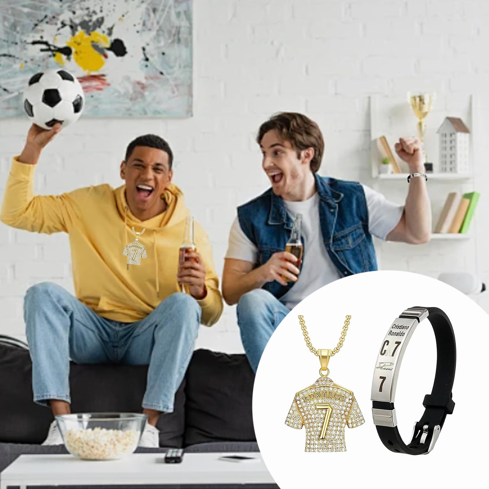 Set di catene da calcio Cr7, bracciale da calcio per ragazzi, collane per ragazzi, un pacchetto di accessori sportivi composto da robusto bracciale in pelle, collana corrispondente con ciondolo a