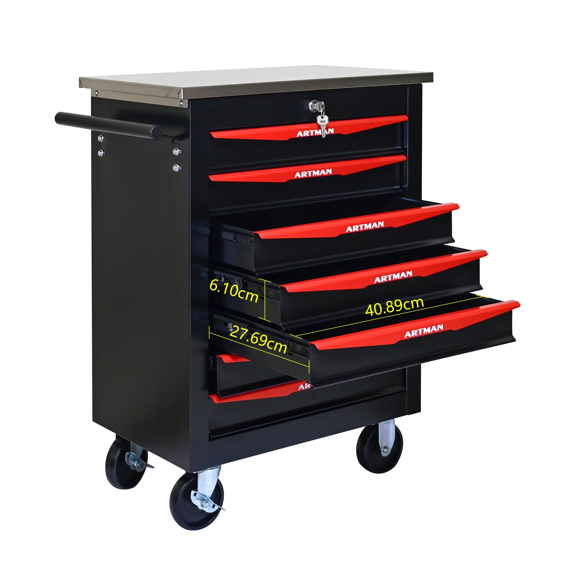 Generisch Carrello portautensili a 7 cassetti con 4 volanti e chiavi di sicurezza – Cassetti con cuscinetti a sfera, verniciatura a polvere per garage e officina, nero e rosso