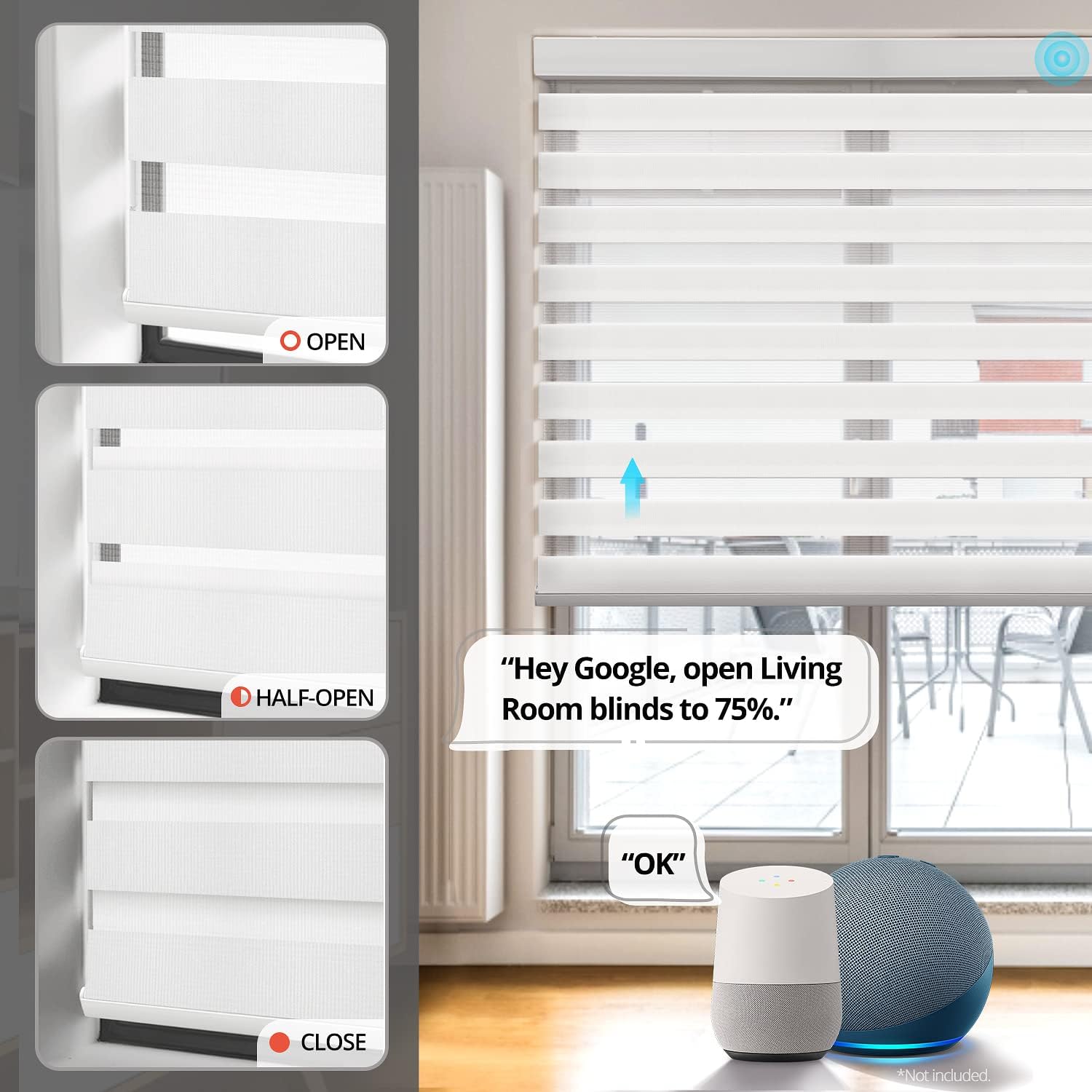 GOSMART Motorized Zebra Blinds Dual-Layer Smart Roller Shades with Remote Control, Light Filtering, Works with Smart Home Alexa, Google Assistant, Custom Cut to Size, White 21-96″ W x 21-104″ H