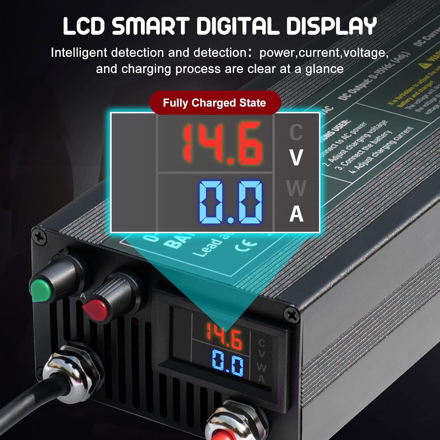 14.6V 60A Smart LiFePO4 Batterieladegerät, 0-15V/0-60A Einstellbar, Schnellladung 12V mit Erhaltungsladung für Auto, Motorrad, Boot, Marine Batterien