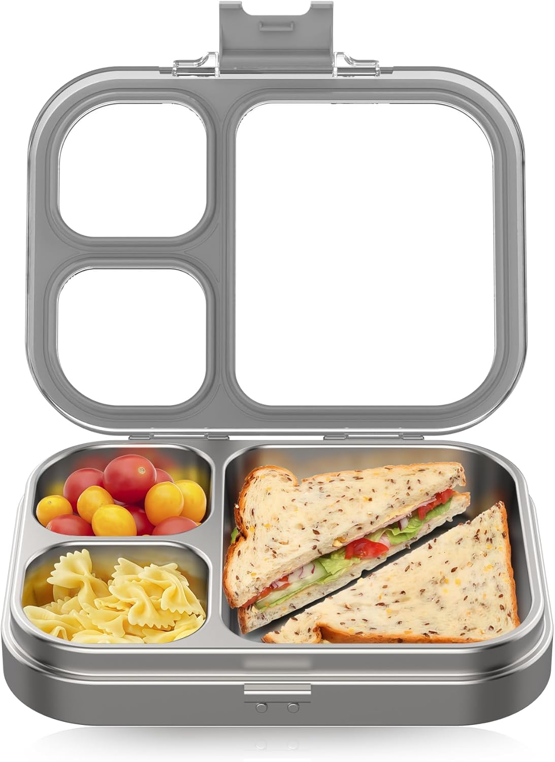 Stainless Steel Lunch Box, 3 Compartments Metal Bento Box for Kids Adults, Leak-Proof Lunch Box for School Office, Dishwasher Safe, BPA-Free, Tritan Lid, Grey Gray