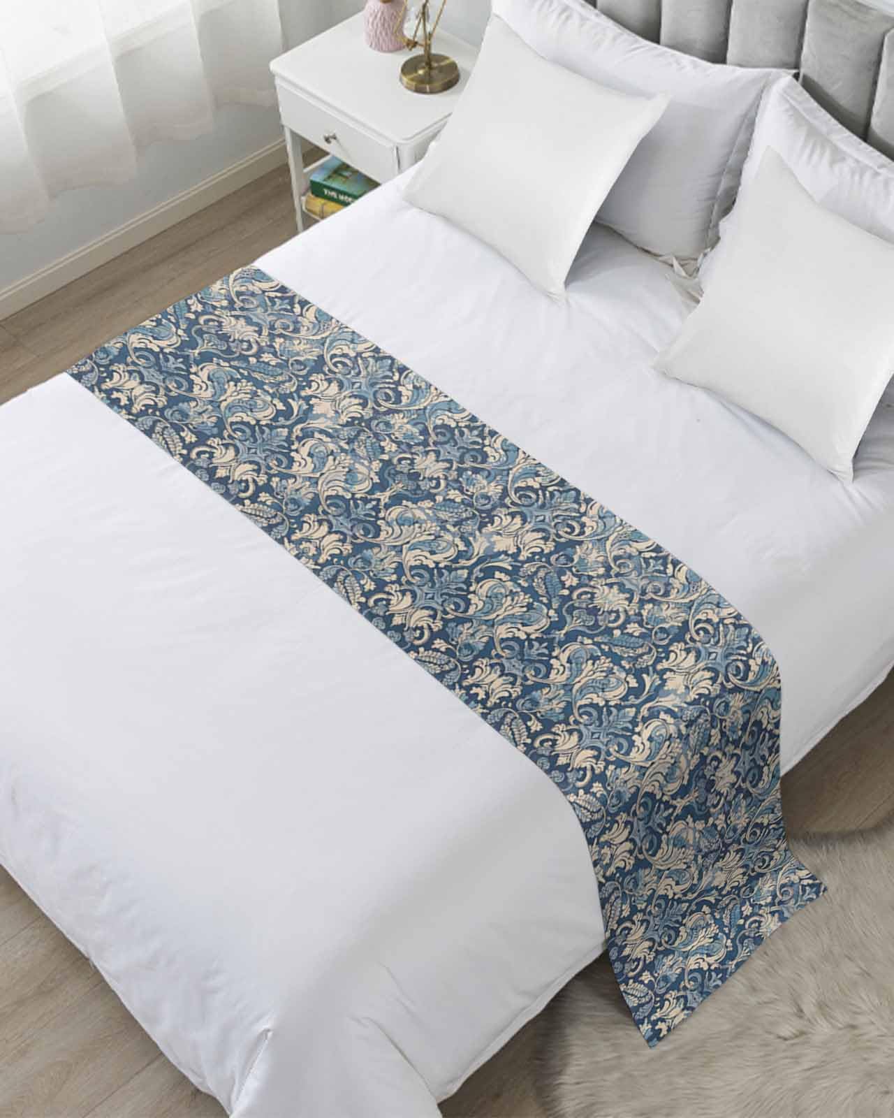 Twin Bed Runner Vintage Medieval Floral Pattern Bedding Runner Scarves Decorative Bed Scarf, Ethnic Flower on Blue Soft Bedding Scarf for Bedroom Hotel Wedding 94x20in