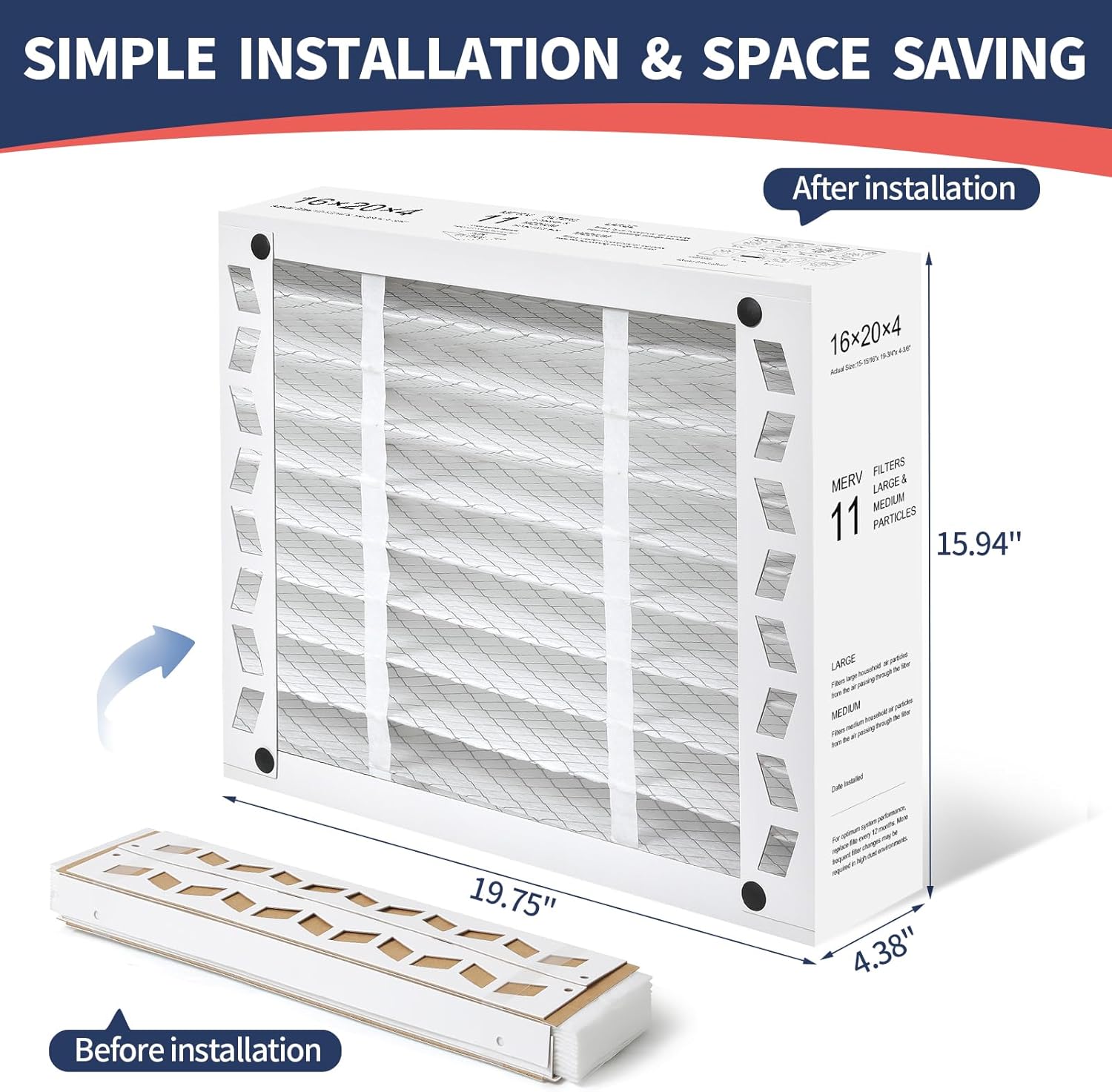 16x20x4 AC Furnace Air Filter Compatible with Honeywell FC100A1003, MERV 11 HAVC Filter Replacement, Actual Size:15.94"x19.75"x4.38",Pack of 2