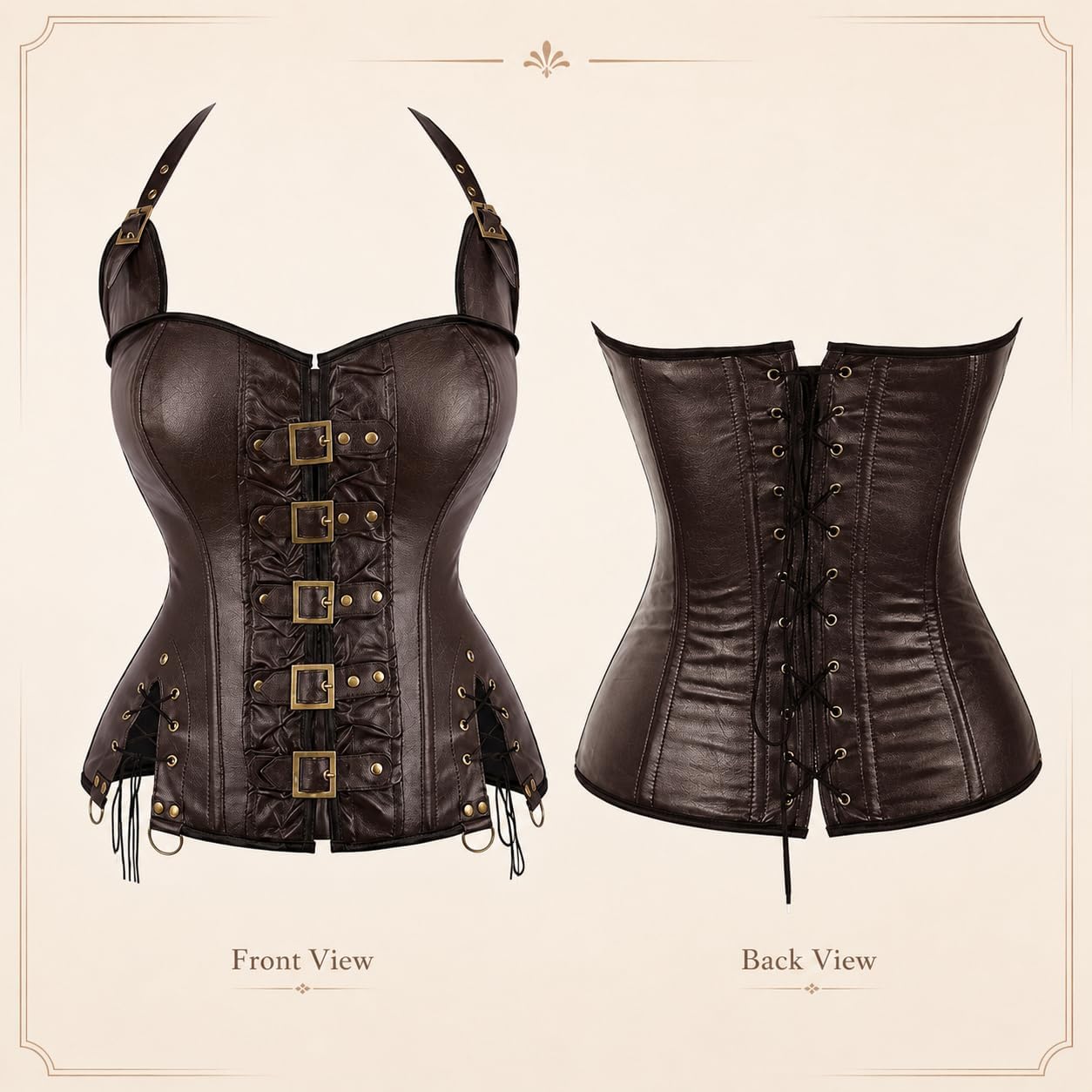 Women's Steampunk Faux Leather Corset, Gothic Buckle Front Steel Boned Waist Cincher Top