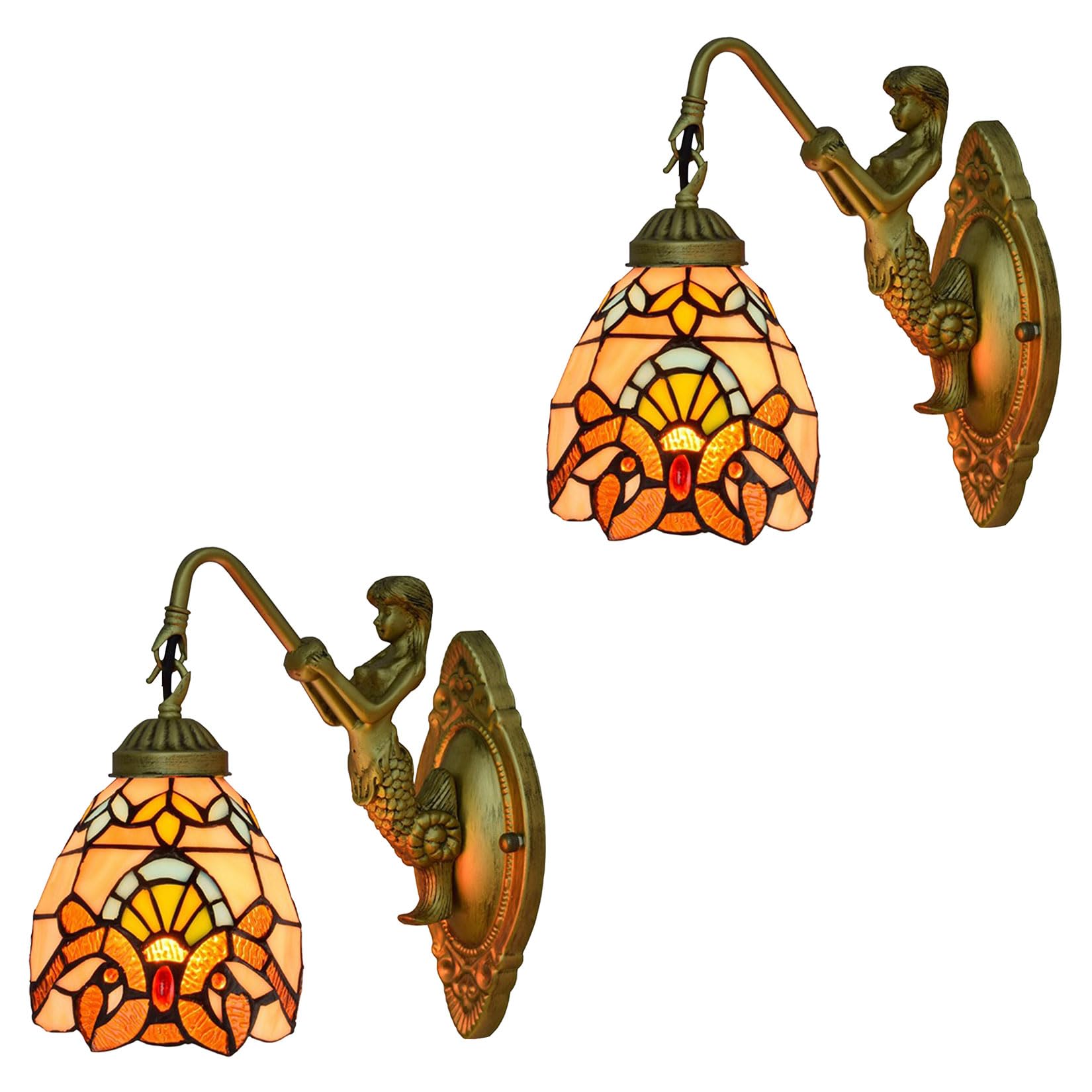NHPJFDC Tiffany Style Wall Light Fixtures Bathroom Vanity Wall Sconce Set of 2 Baroque Colored Glass Wall Lamp for Stairs Hallway Bedroom Verandah Cinema Home,5.9inch(15cm)