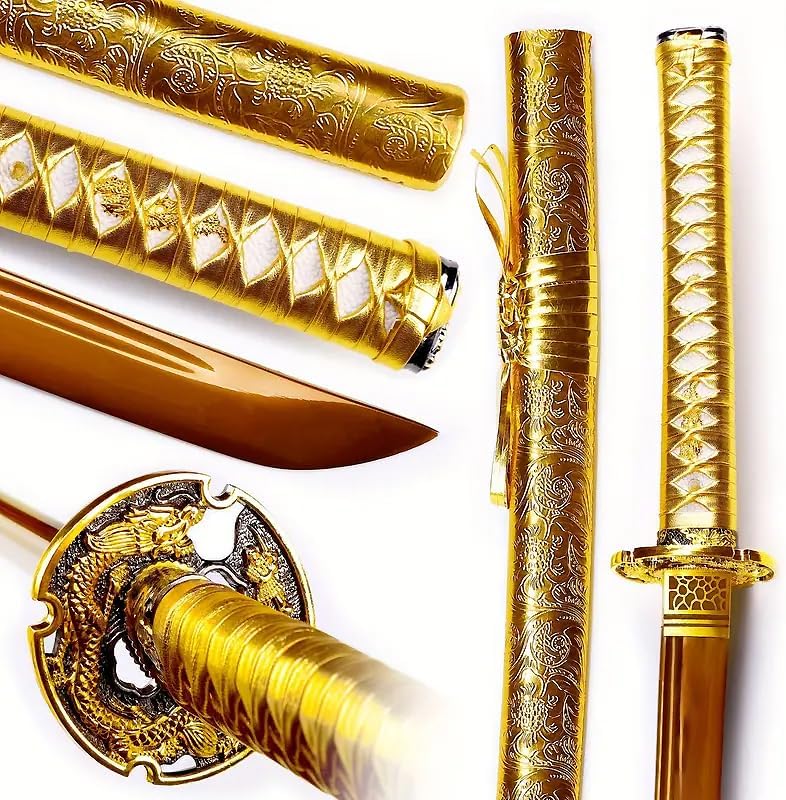Miniatura 3 de Katana de dragón de oro hecha a mano de acero de alto carbono, espada samurái japonesa de espiga completa, espada realmente afilada lista