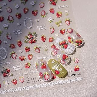 Strawberry Nail Art Stickers Decals 5D Embossed Strawberry Nail Stickers 1PCS Cute Strawberries Flower Summer Nails Design Self-Adhesive Nail Decals Fruit Manicure Sliders for Women DIY Nail Art Decor