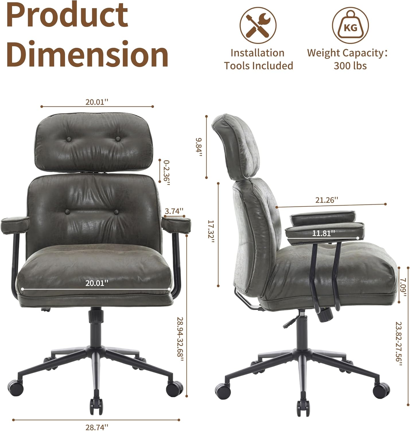 Big and Tall Executive Chair with Adjustable Headrest, Mid-Century Modern Faux Leather Home Office Chair with Thickened Cushion 500lbs Capacity, Black