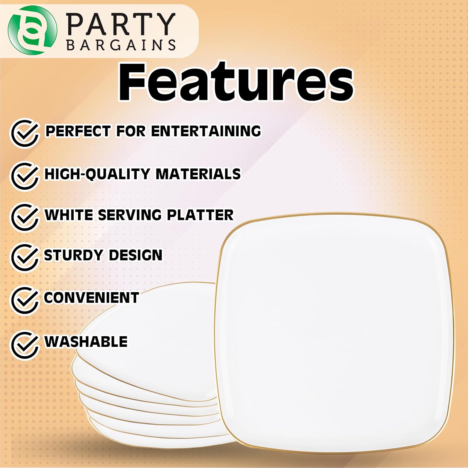 PARTY BARGAINS 14″ Disposable Plastic Serving Tray 8-Pack – White with Gold Rim Square Party Platters for Snacks, Appetizers, Charcuterie, Weddings & Catering