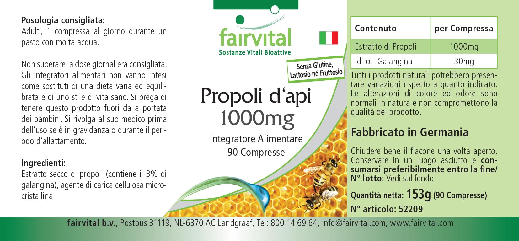 fairvital Propoli d'api 1000 mg, estratto naturale di resina d'api, con il 3% di galangina, ALTO DOSAGGIO, 90 compresse
