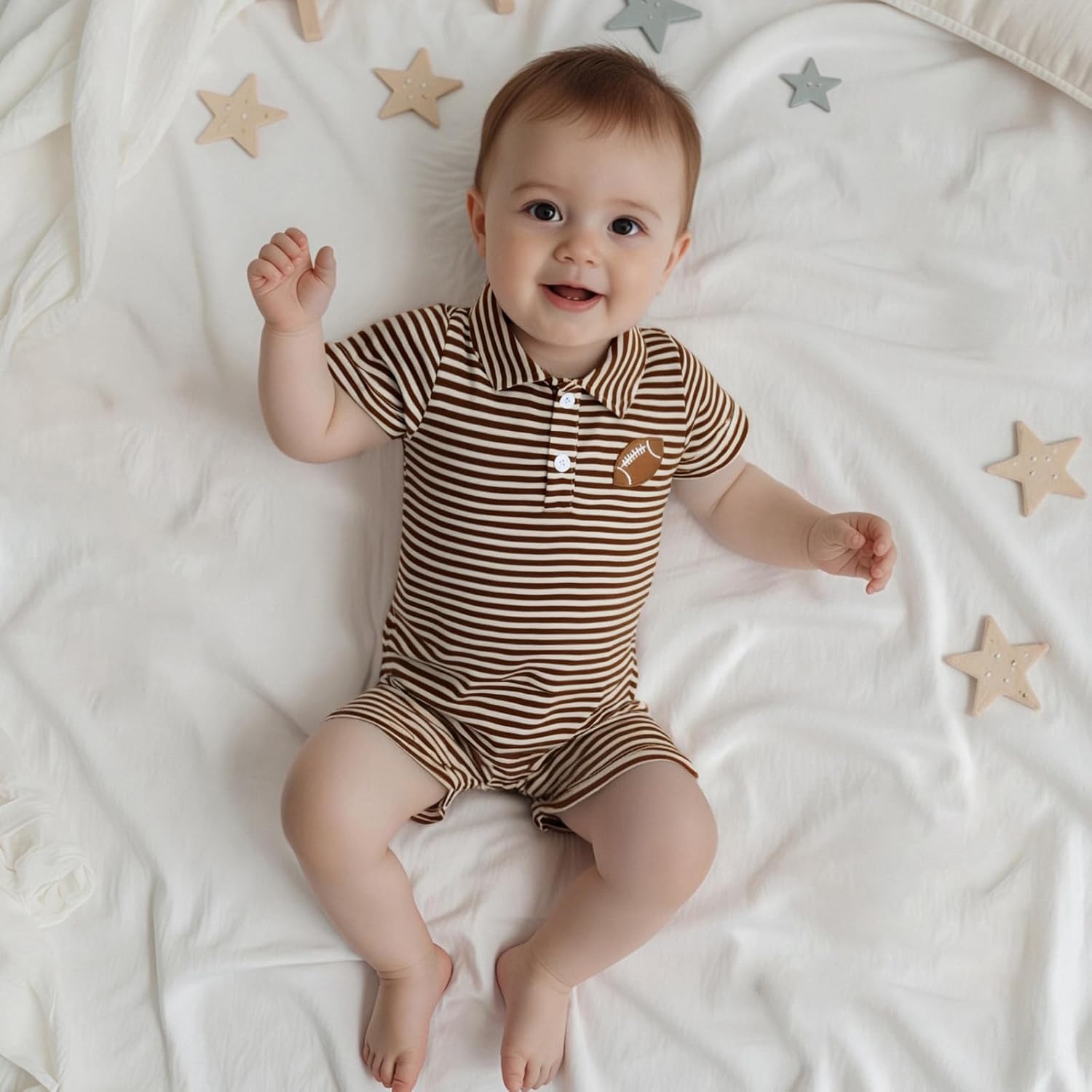 Karuedoo Newborn Baby Boy Football Outfit Embroidery Stripe Button Down Collared Shirt Romper Short Sleeve Jumpsuit Bodysuit - Image 4