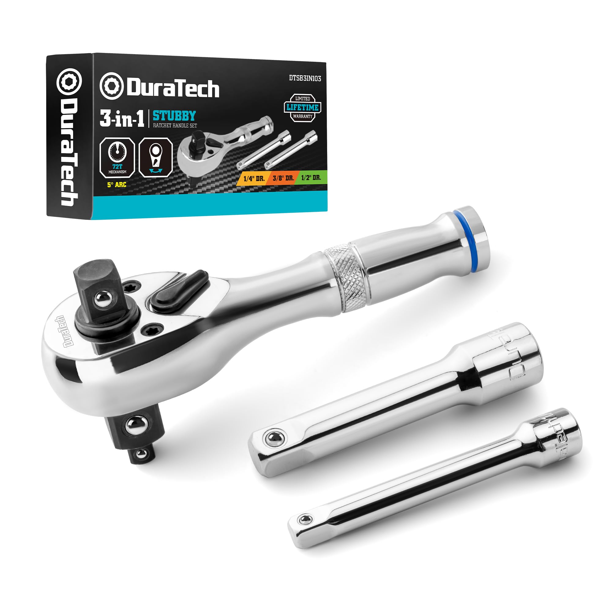 DURATECH Stubby Ratchet Set, 3-IN-1 Ratchet Handle, with 2