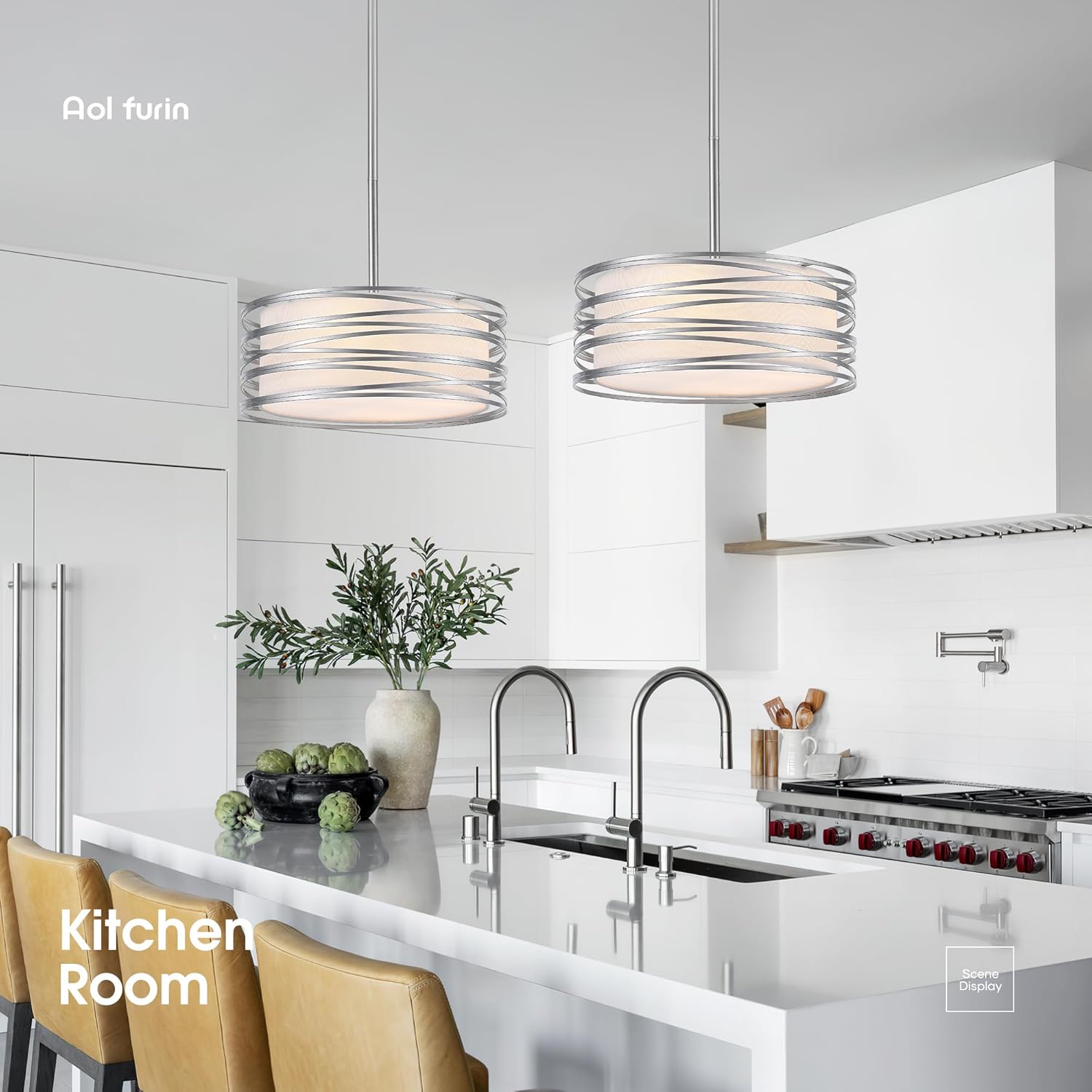 15.7" Brushed Nickel Drum Chandelier for Dining Room, Modern 4-Light Pendant Light with White Fabric Shade, Rustic Farmhouse Ceiling Light for Hallway Kitchen Island Bedroom