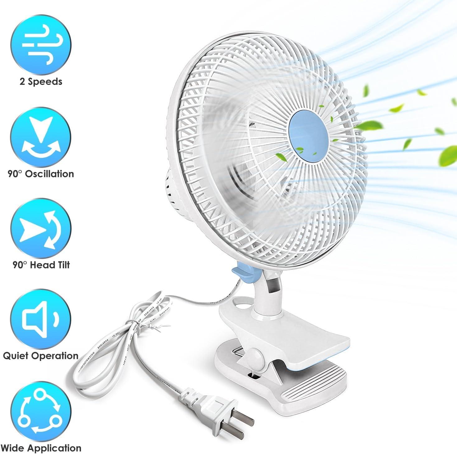 Clip On Fan with 2 Speeds, 90° Oscillating Small Fan for Bed Desk, Portable Clip Fan Plug in for Office Bedroom, Wall Hanging, Speeds Low Noise for Daily Use