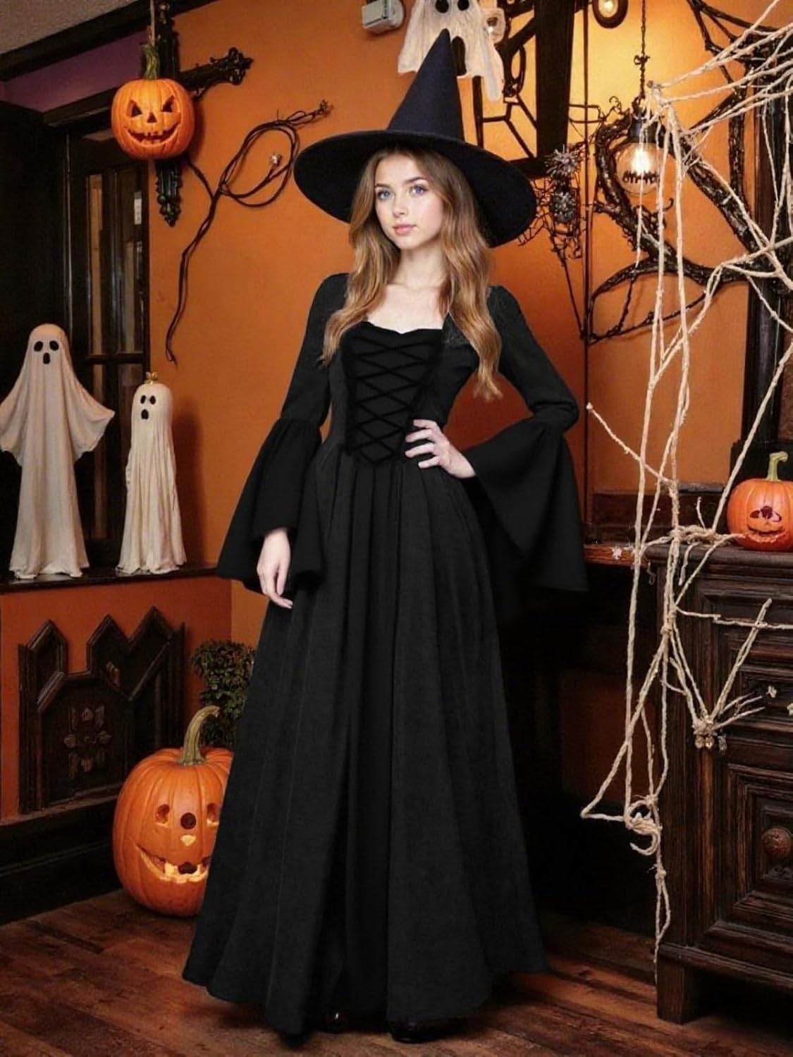 Womens Gothic Witch Dress, Halloween Lace Up Hooded Costume Medieval Vampire Sorceress Cosplay Dresses - Image 5