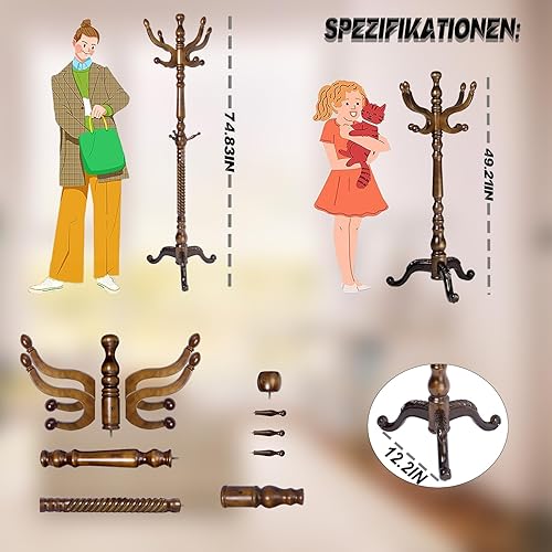 Miniatura 6 de Perchero de madera de 73 pulgadas, perchero independiente con base redonda estable, altura ajustable, para el hogar, dormitorio, oficina, pasillo,