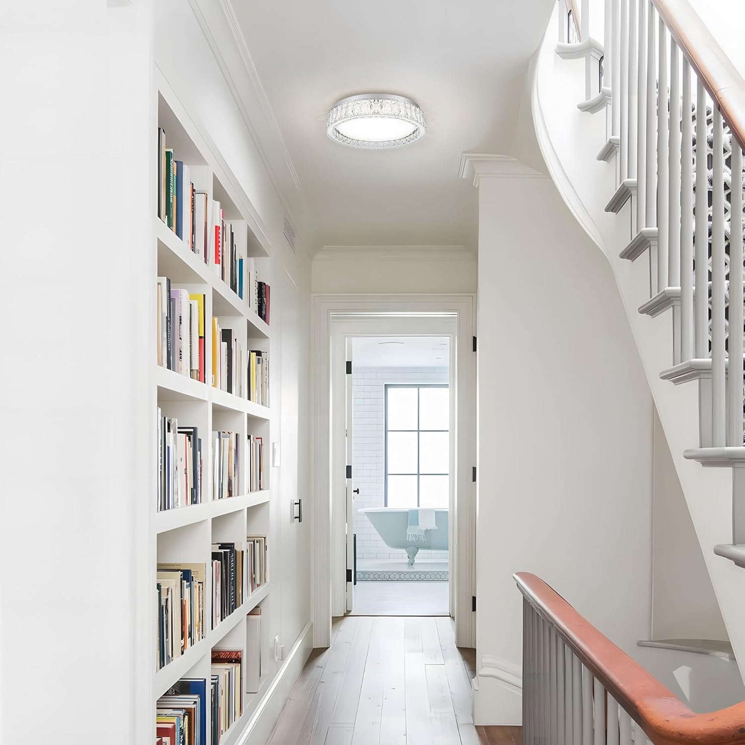 Krychiler 9.8" Small Crystal Flush Mount Ceiling Lights, Dimmable LED Modern Close to Ceiling Lighting Fixture, Chrome Hallway Round Chandelier for Bedroom Kitchen Bathroom Closet Foyer Dining Room