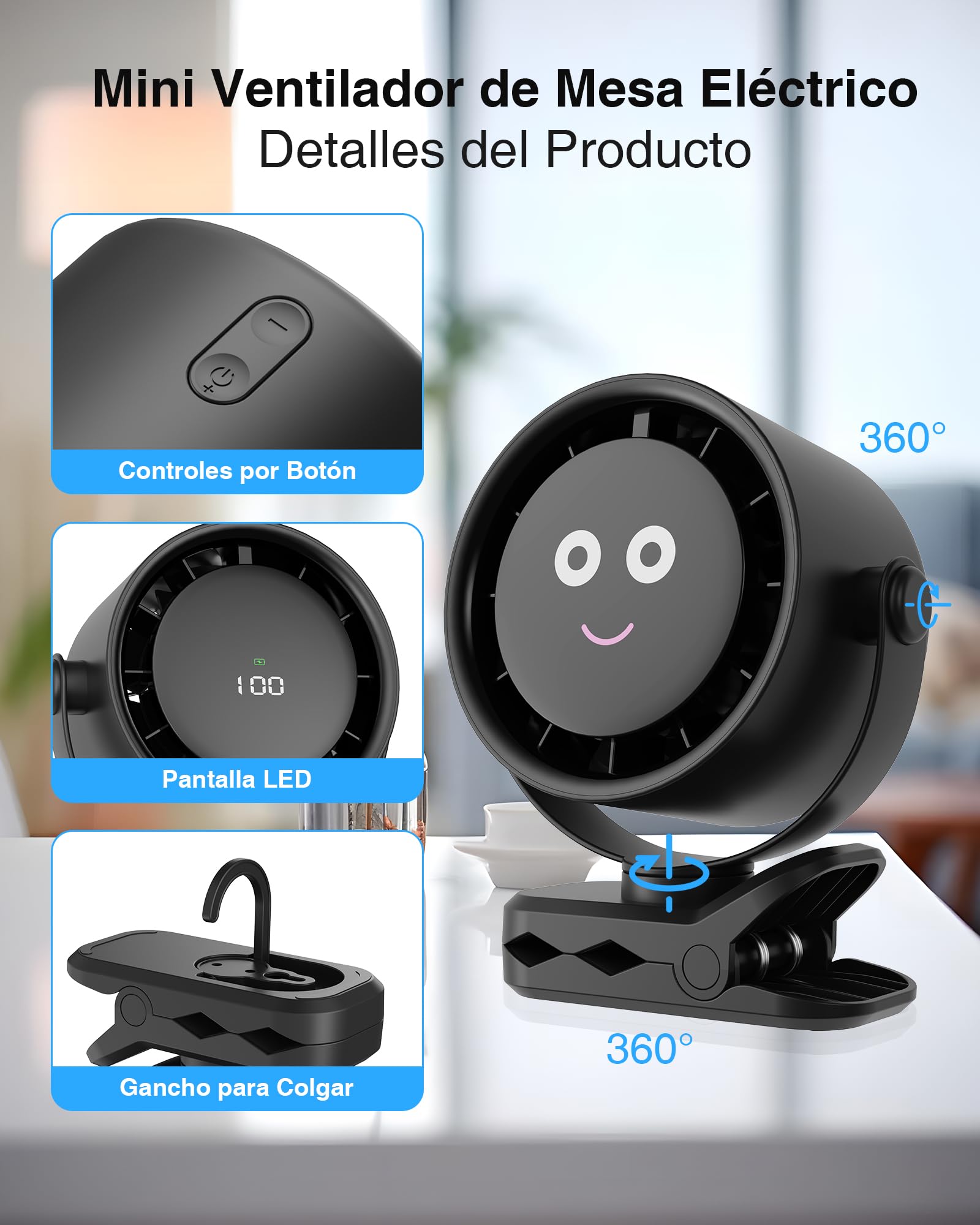 Ventilador Portátil de Clip, Mini Ventiladores de USB Recargable, Rotación de 720 Grados, 5 Velocidades con Pantalla LED, Silencioso Fan de Mesa para Oficina, Hogar, Acampar, Cochecito de Bebé