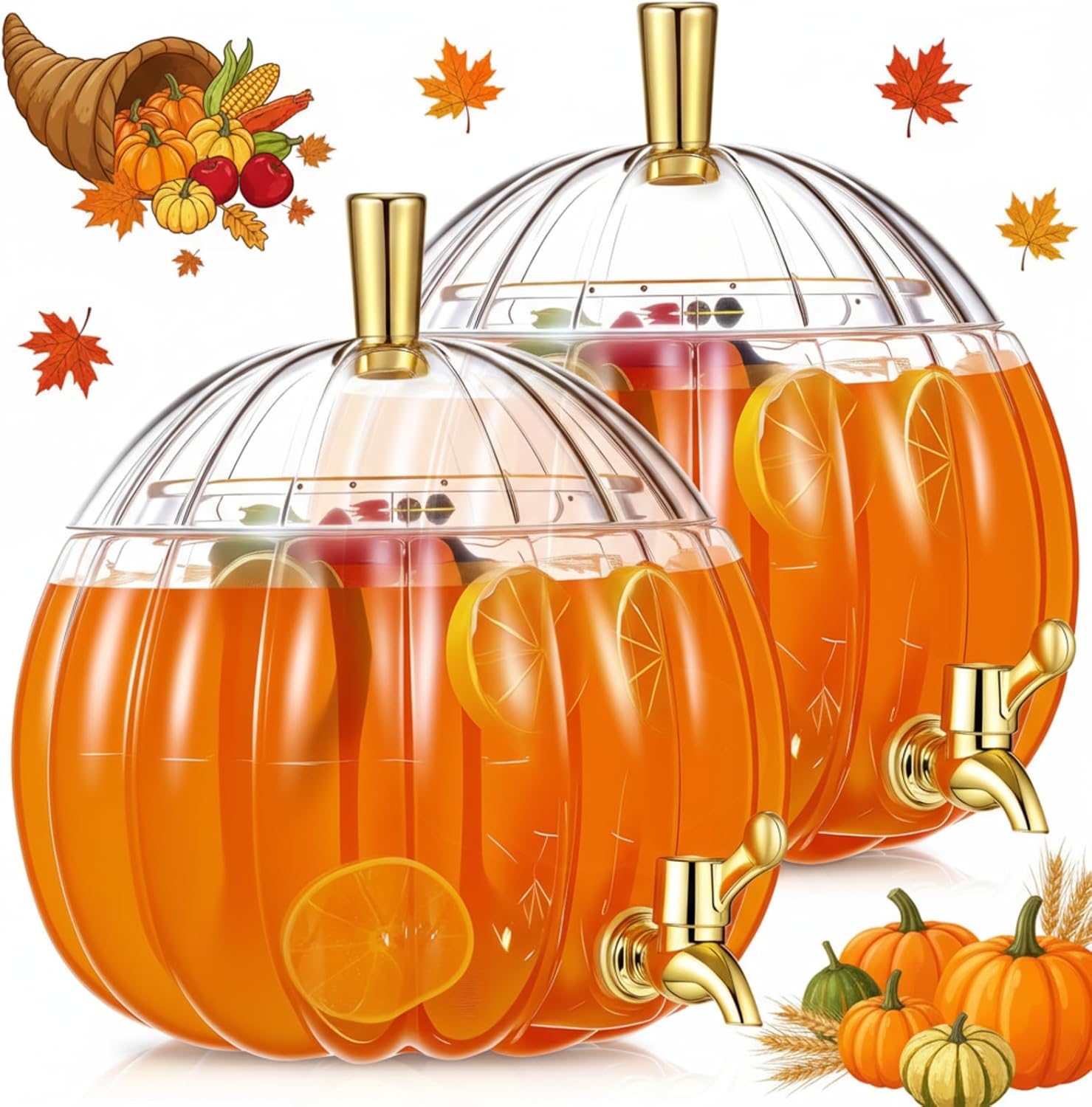2 pack 1.3 gallon pumpkin drink dispensers for fall thanksgiving party supplies plastic beverage juice dispenser with spigot for autumn halloween kitchen decoration favor
