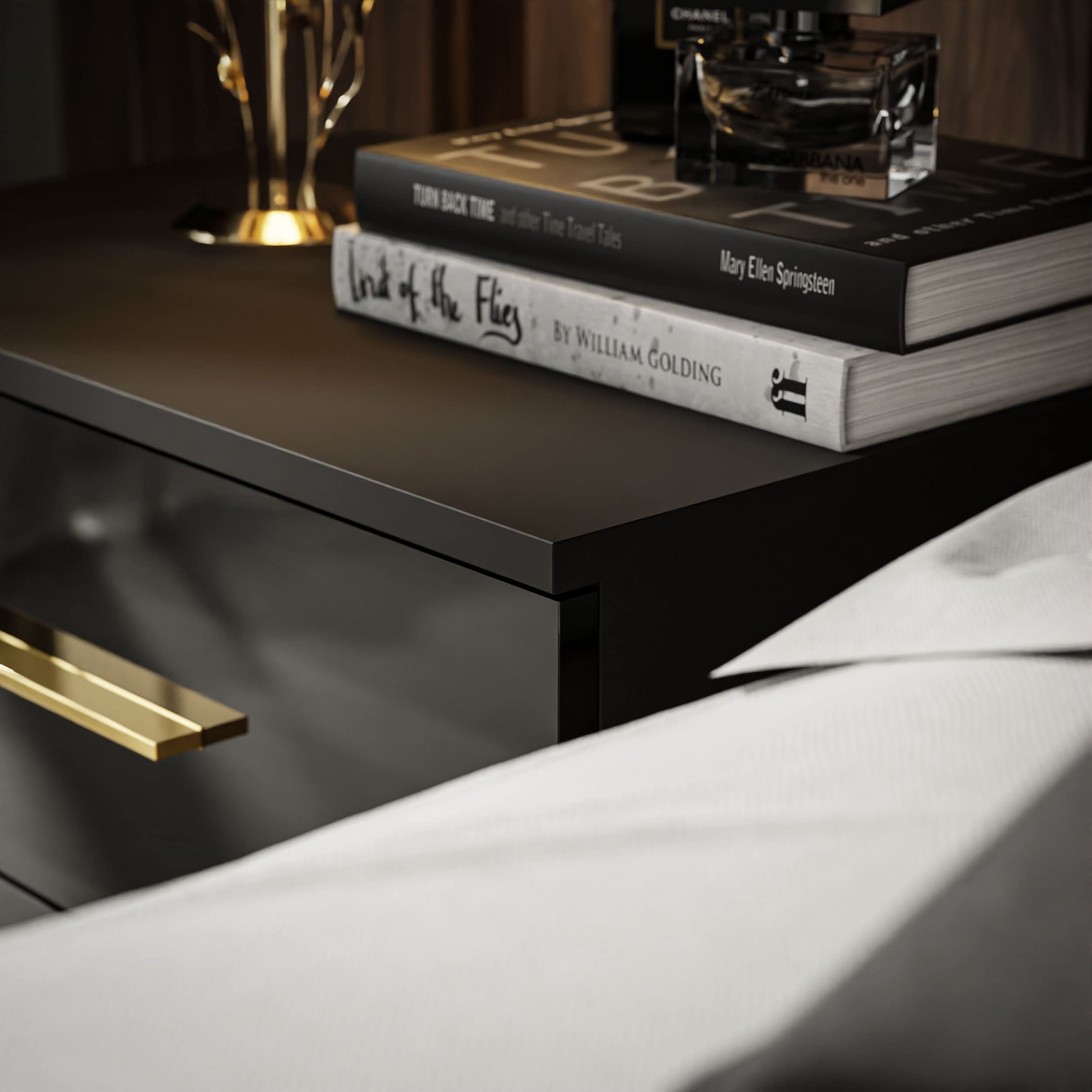 lukmebel Aura Nachtkastje met LED Verlichting Push to Open Twee Lades Modern Functioneel Stijlvol Dashing Verfijnd Zeer Resistent MDF Board met ABS Randen Wit/Wit Glans Chroom