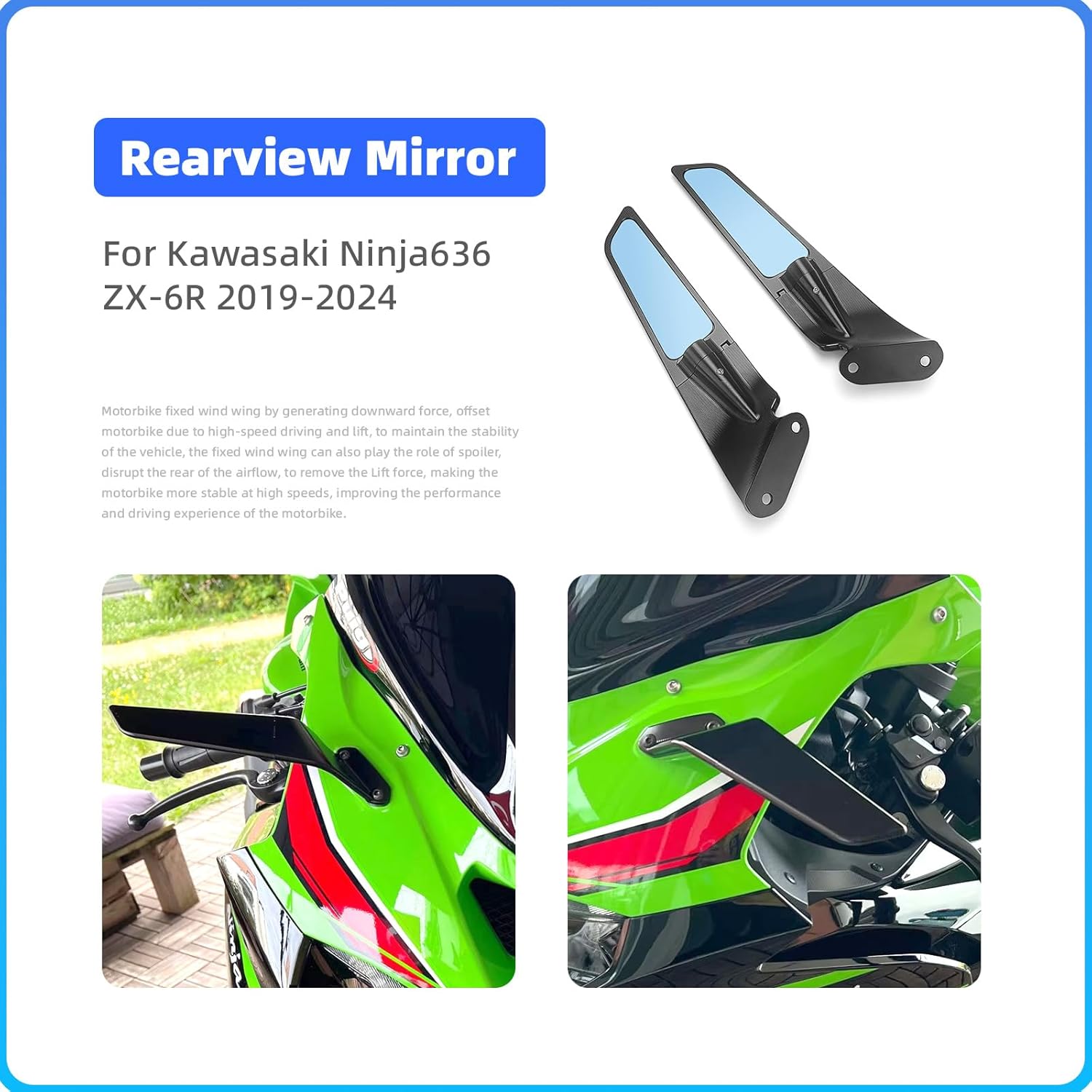 Wings Mirror Rearview mirrors Compatible with Kawasaki Ninja ZX6R 636 2019-2024 Adjustbalbe Racing Stealth Mirrors,CNC Aluminum,Blue Lens Anti-Glare
