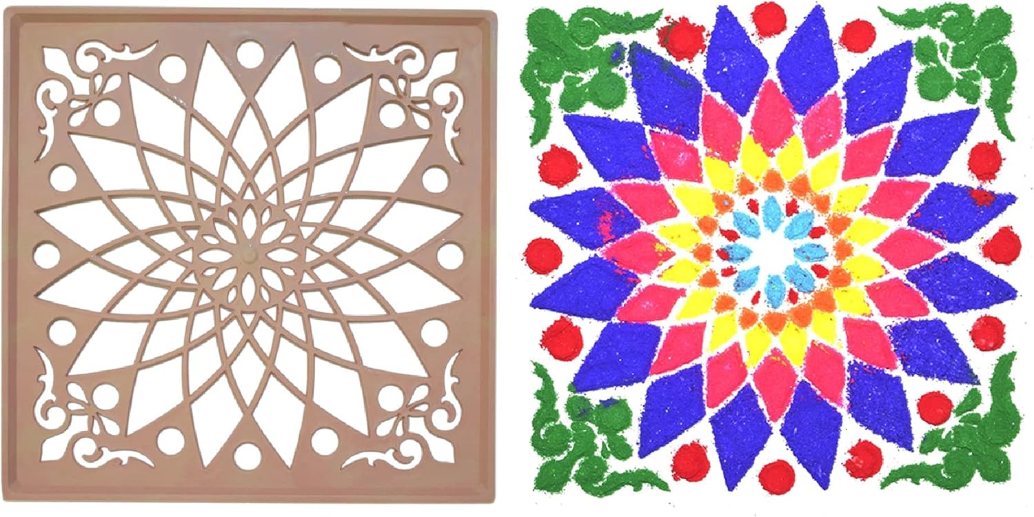 Laser Cutted Rangoli Plastic Stencil Tools, Big Size 12 x 12 inch Square, Heavy Duty Reusable Traditional Stencils for Diwali, Pongal, Weddings Decorations, Pack of 6 Different Designs