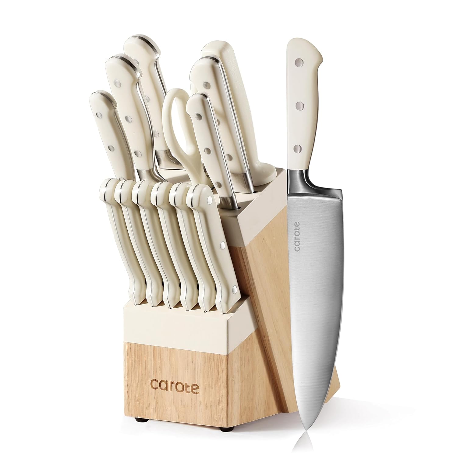CAROTE 14 Pieces Knife Set with Block Forged High Carbon Stainless Steel Sharp Blade Block Knife Set Dishwasher
