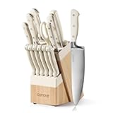 CAROTE 14 Pieces Knife Set with Block&comma; Forged&comma; High Carbon Stainless Steel Sharp Blade Block Knife Set&comma; Dishwasher Safe Cutlery&comma; Cream