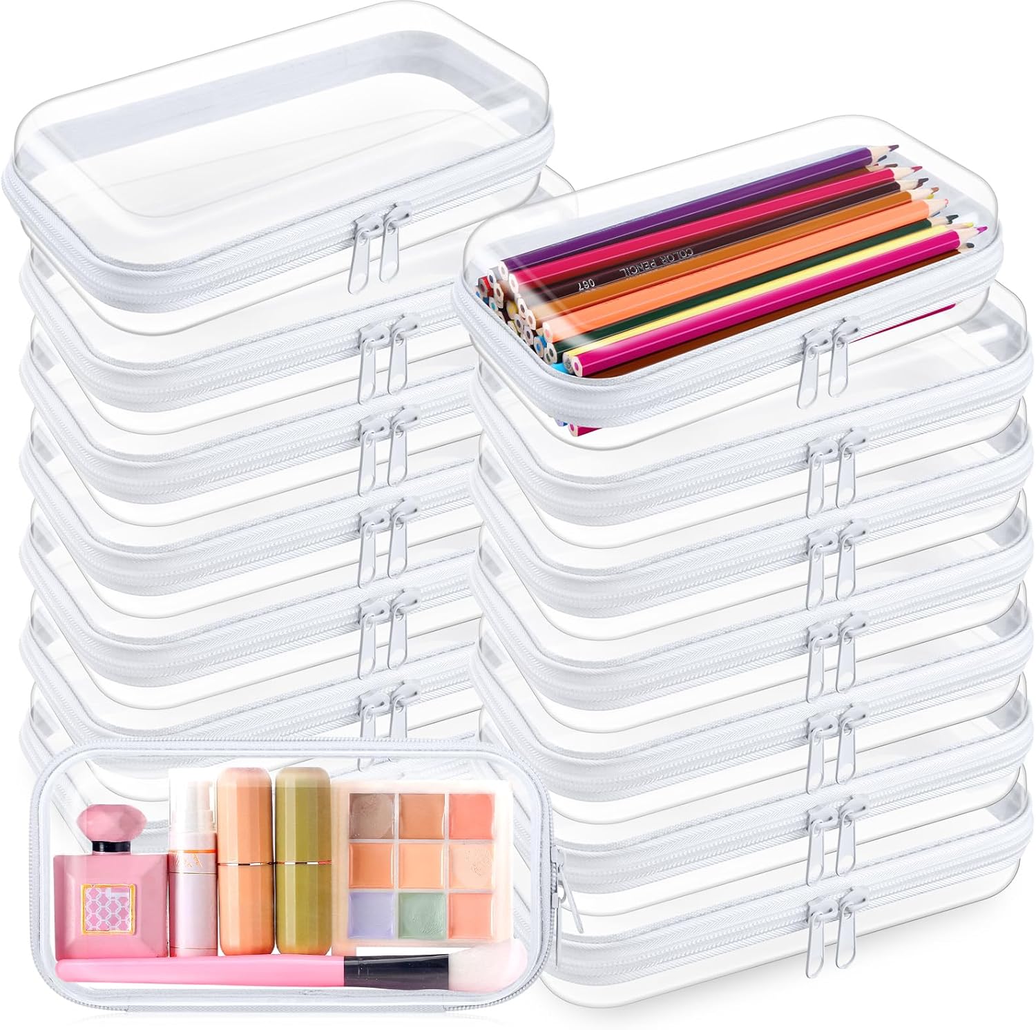 15 Pcs Clear Hard Shell Zipper Case Plastic Bins Transparent Double Zippers Hard Pouch Clear Plastic Storage Box Containers for Building Blocks Cosmetics, Puzzles(7.5 x 4 Inches)