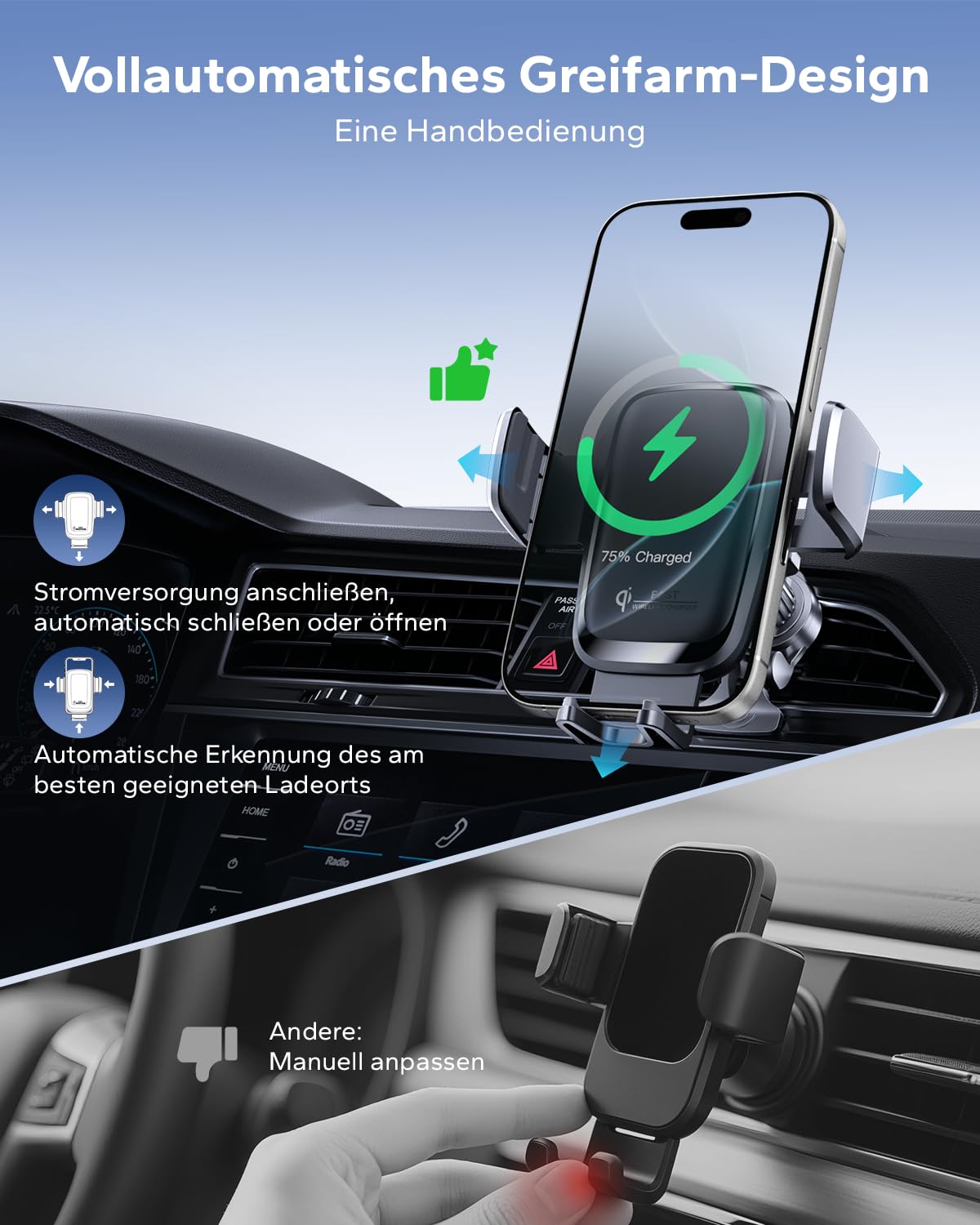 KPON 15W Qi Handyhalterung Auto mit Ladefunktion, Induktive Ladestation Auto mit Sauger & Clip, Automatische Klemmung Kfz Wireless Charger für iPhone 17/16/15/14/13, Samsung (Ohne Zigarettenanzünder)