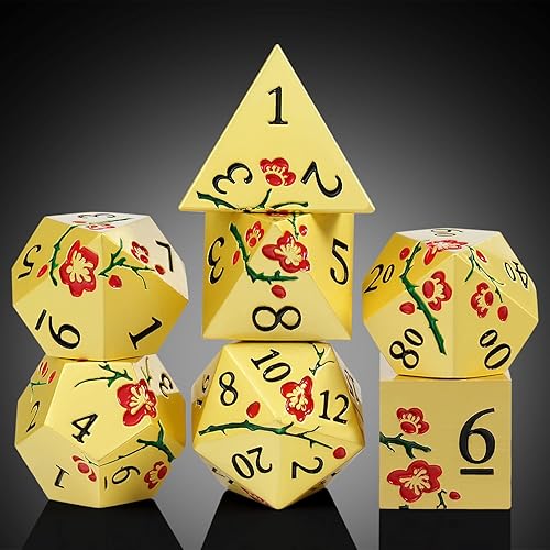 Miniatura 3 de DNDND Dados metálicos de flores, 7 dados metálicos DND con caja de regalo para juego de mesa D&D Dungeons and Dragon (flores rojas con dorado)