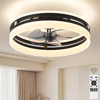 JUSHENG 20" Ceiling Fans with Lights and Remote, Low Profile Ceiling Fan, 3000-6500K Dimmable Modern Flush Mount LED Fan Light, 6 Wind Speeds, Black Ceiling Fans for Bedroom